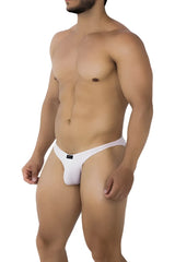 White men’s microfiber thong in pink with a small black xtremen brand tag on the waistband