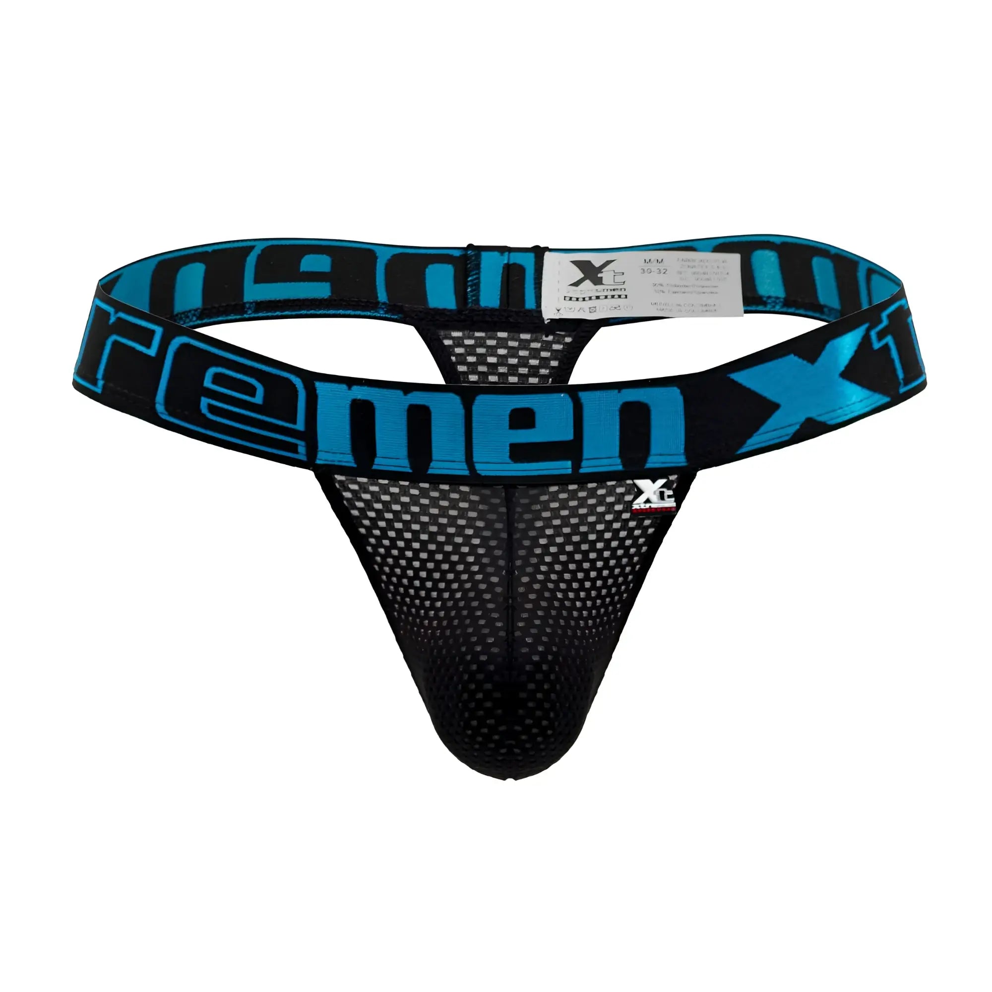 Black and blue mesh thong with bold xtreme branding on the waistband from xtremen 91184 mesh thongs color black