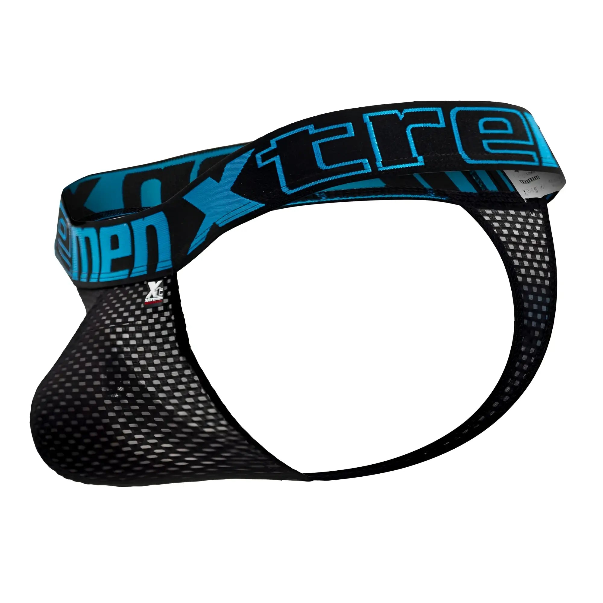 Black mesh brief with bold blue xtreme logo band from Xtremen 91184 mesh thongs collection in black color