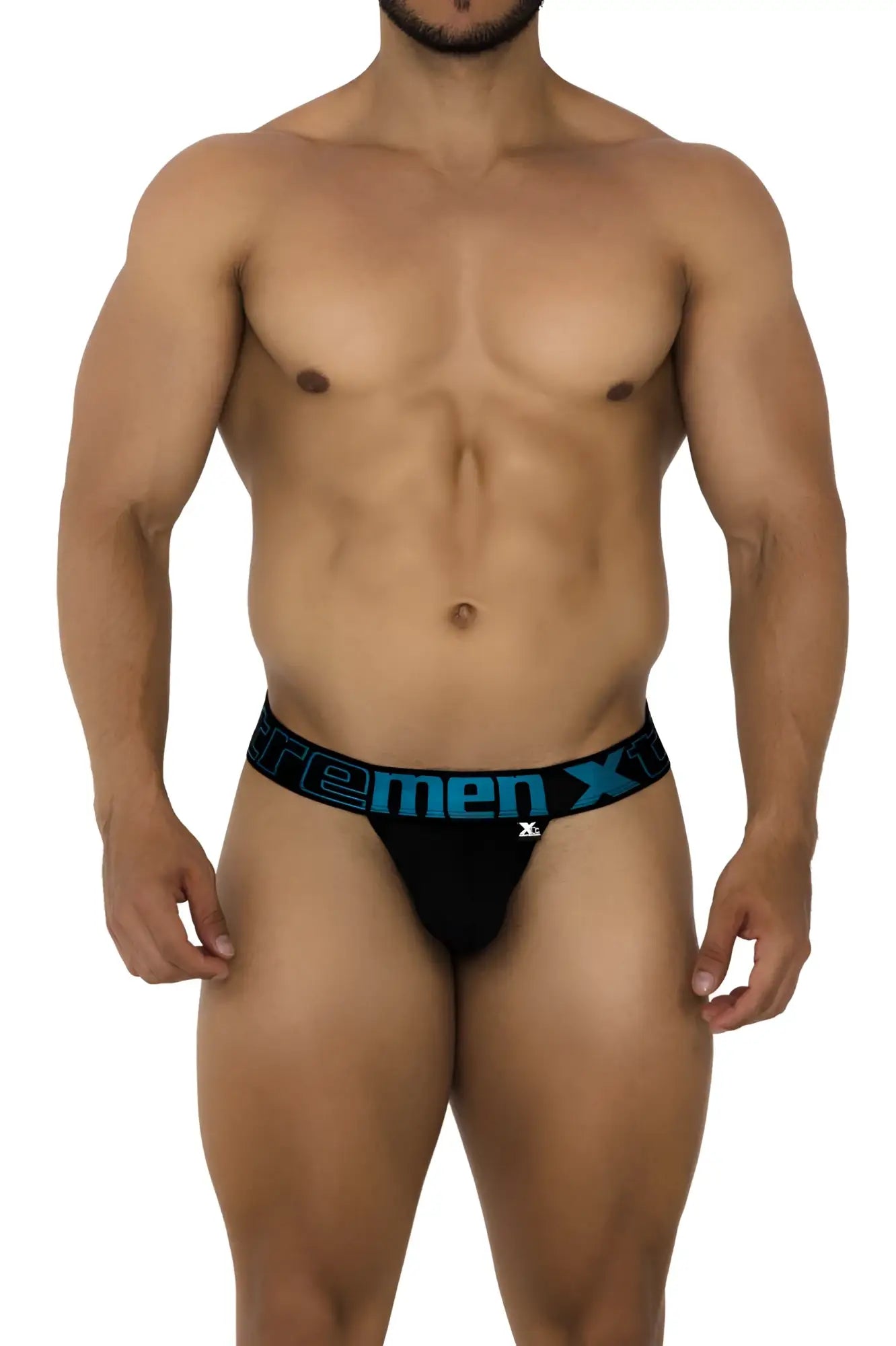 Black xtremen 91184 mesh thong briefs with blue xtrememen logo band showing front side details