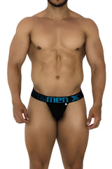 Black xtremen 91184 mesh thong briefs with blue xtrememen logo band showing front side details