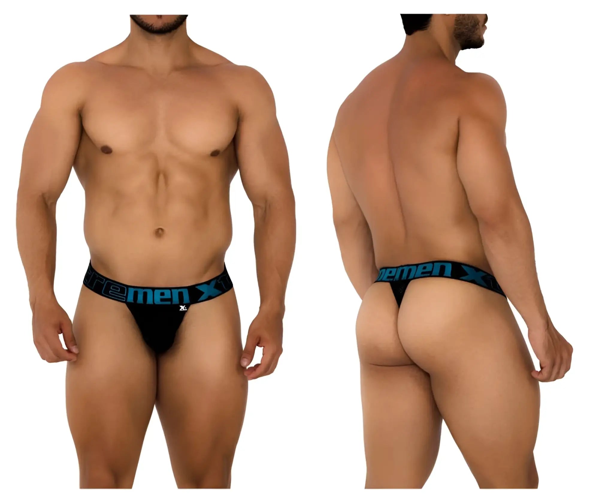 Black xtremen 91184 mesh thongs with a blue xtrememen x logo band made from breathable mesh fabric