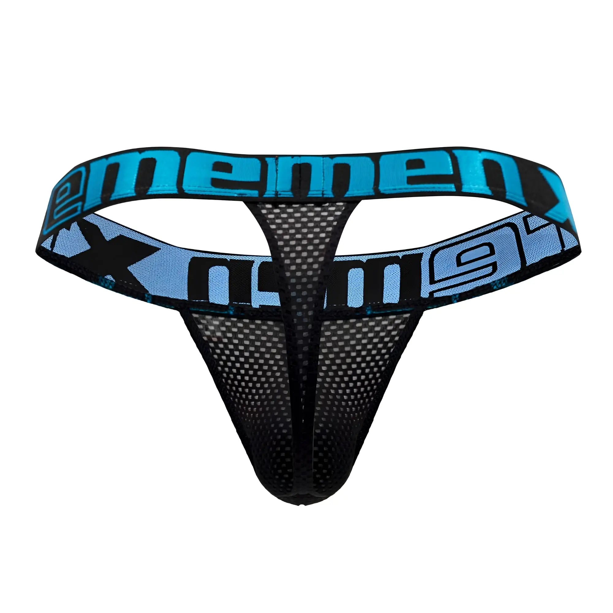 Black mesh thong with blue and black xtremen 91184 branded waistband showing front side details
