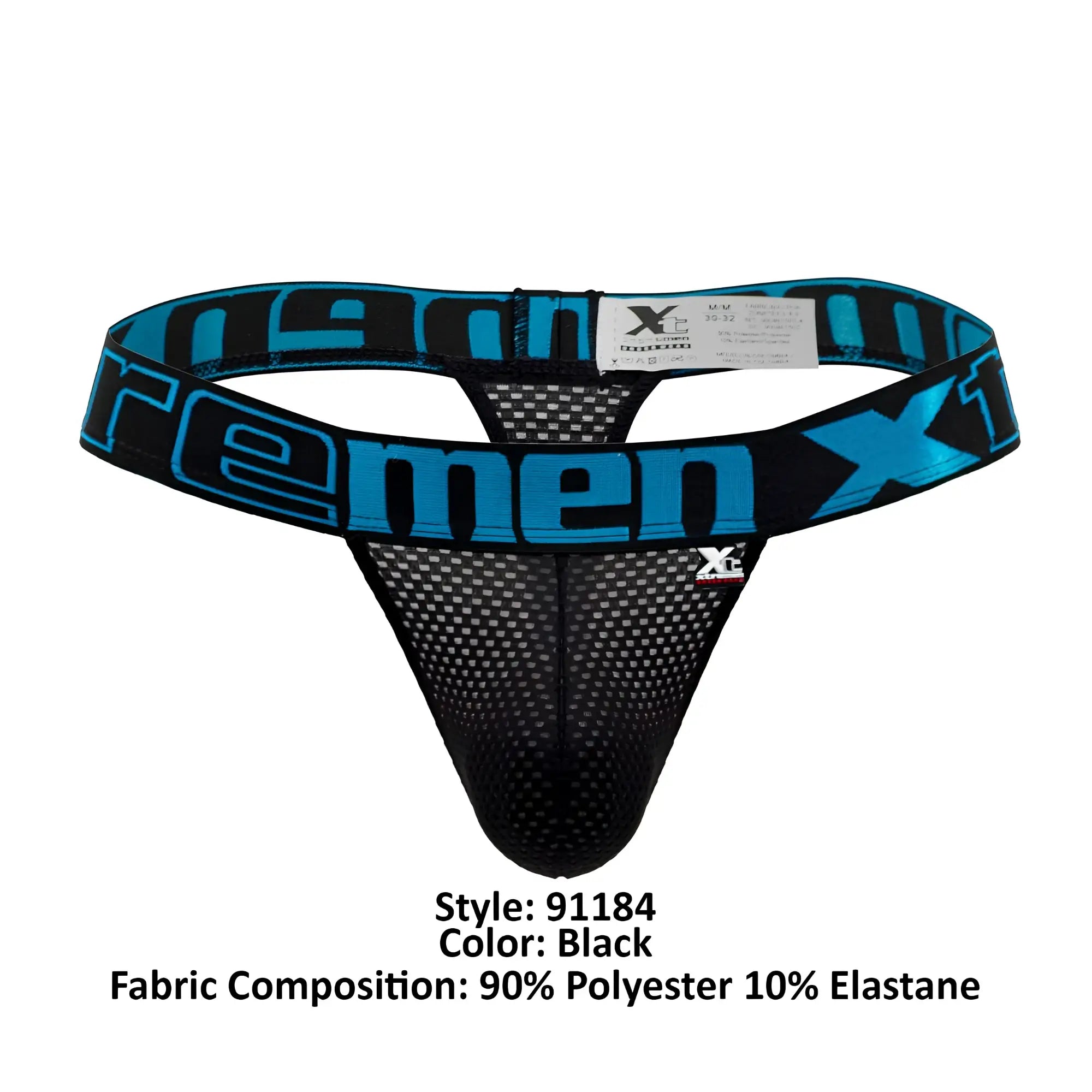 Black mesh thong with bold blue and black xtreme branded waistband from xtremen 91184 mesh thongs black