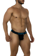 Black xtremex men’s mesh briefs with teal elastic waistband featuring the brand logo in xtremen 91184 mesh thongs color black
