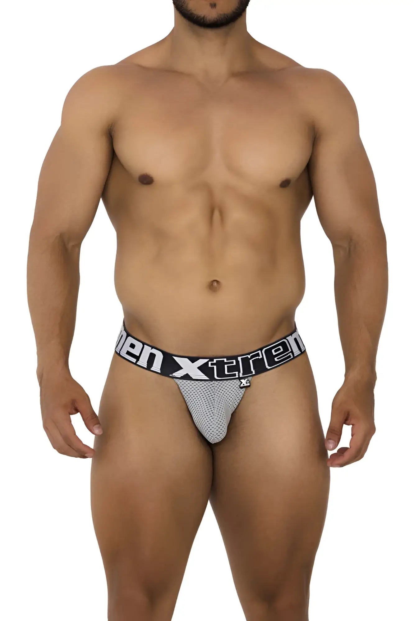 Gray mesh men xtreme briefs with black elastic waistband featuring men xtreme logo in white lettering