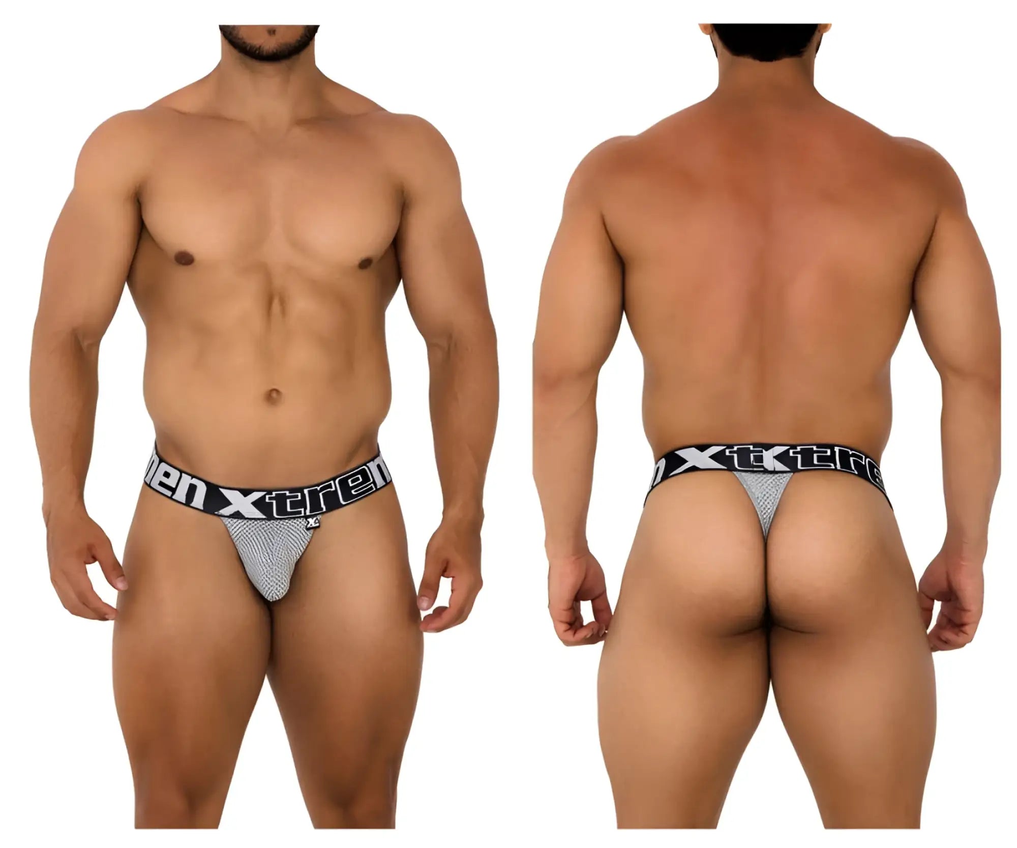Gray mesh men’s thong with black elastic waistband featuring xtreme branding from xtremen 91184 mesh thongs