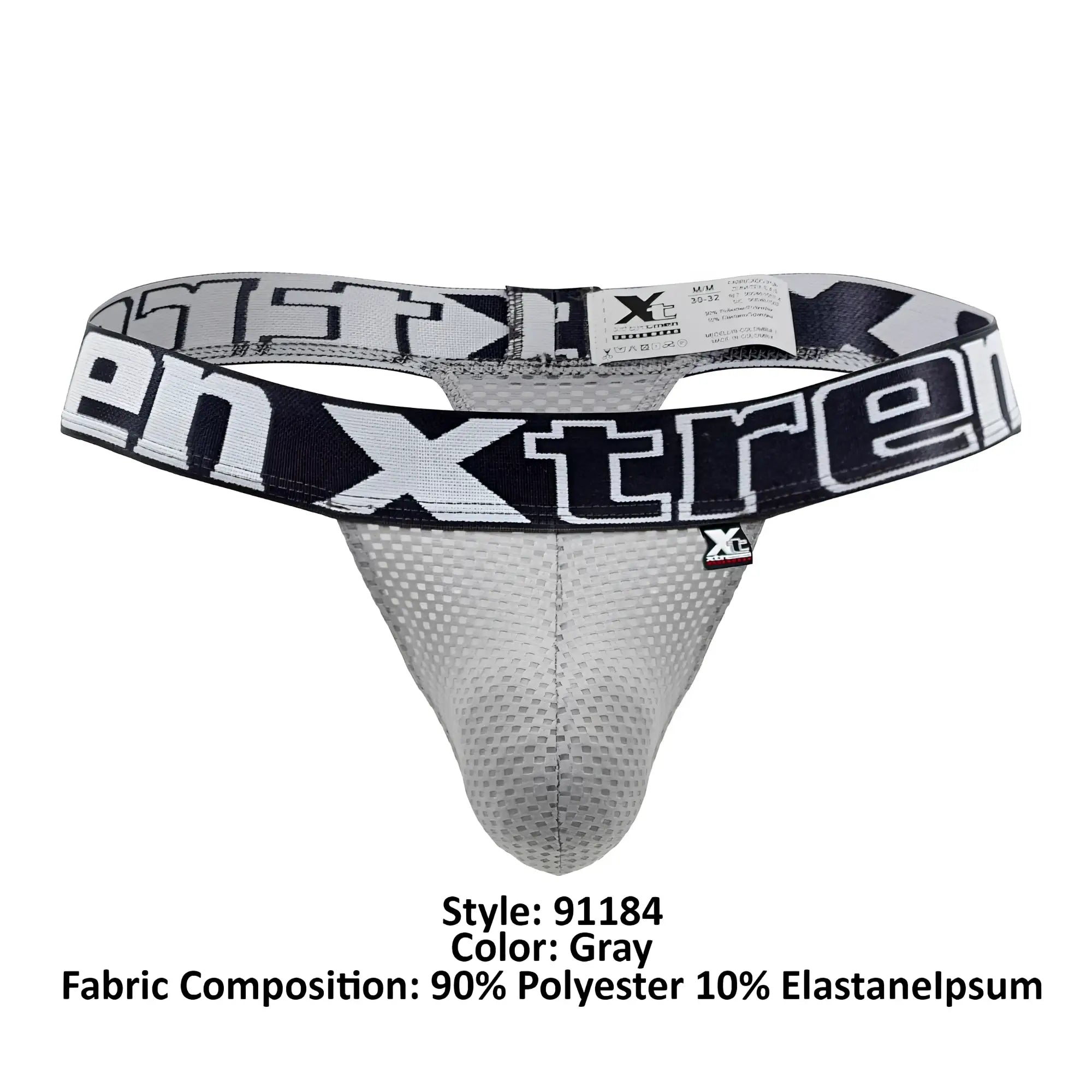 Gray xtremen 91184 men’s thong with mesh fabric and black-and-white branded waistband front view