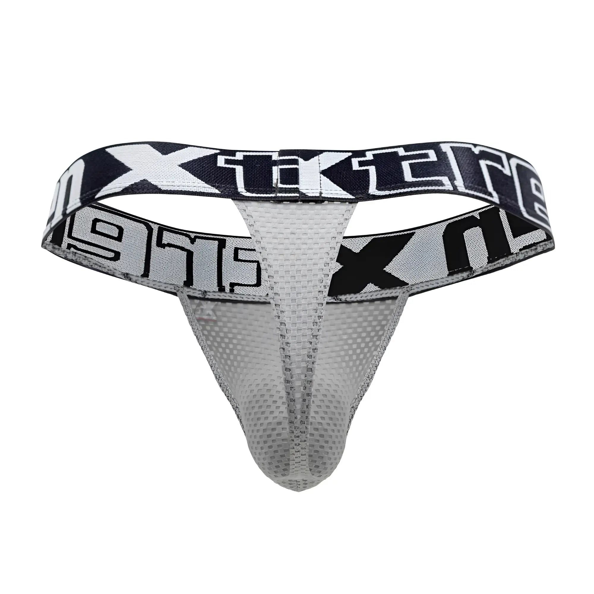 Gray mesh thong with black and white xtreme branding on the waistband from the back side