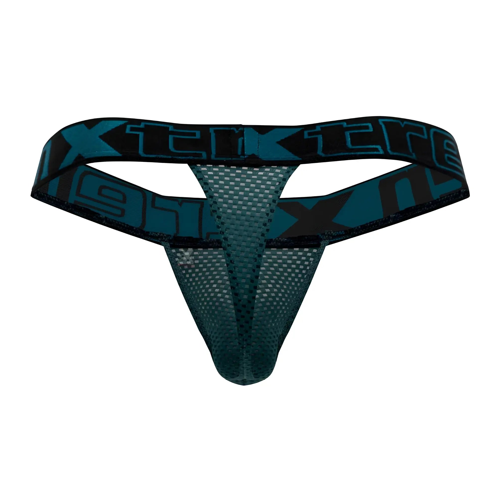 Dark teal mesh thong with black elastic waistband featuring blue xtreme logo from Xtremen 91184 mesh thongs green