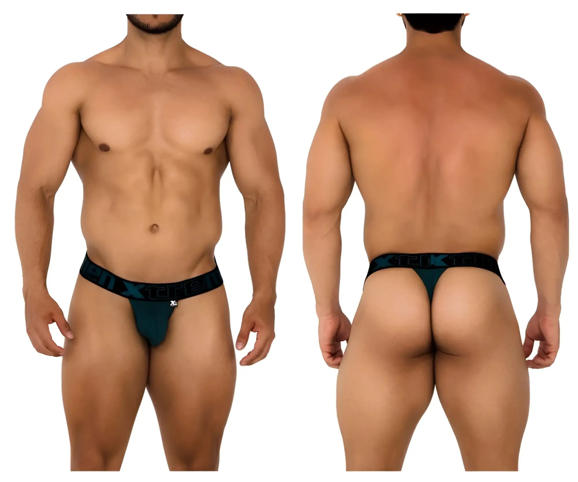 Dark teal xtremen 91184 mesh thong with black elastic waistband and subtle logo pattern shown from the back