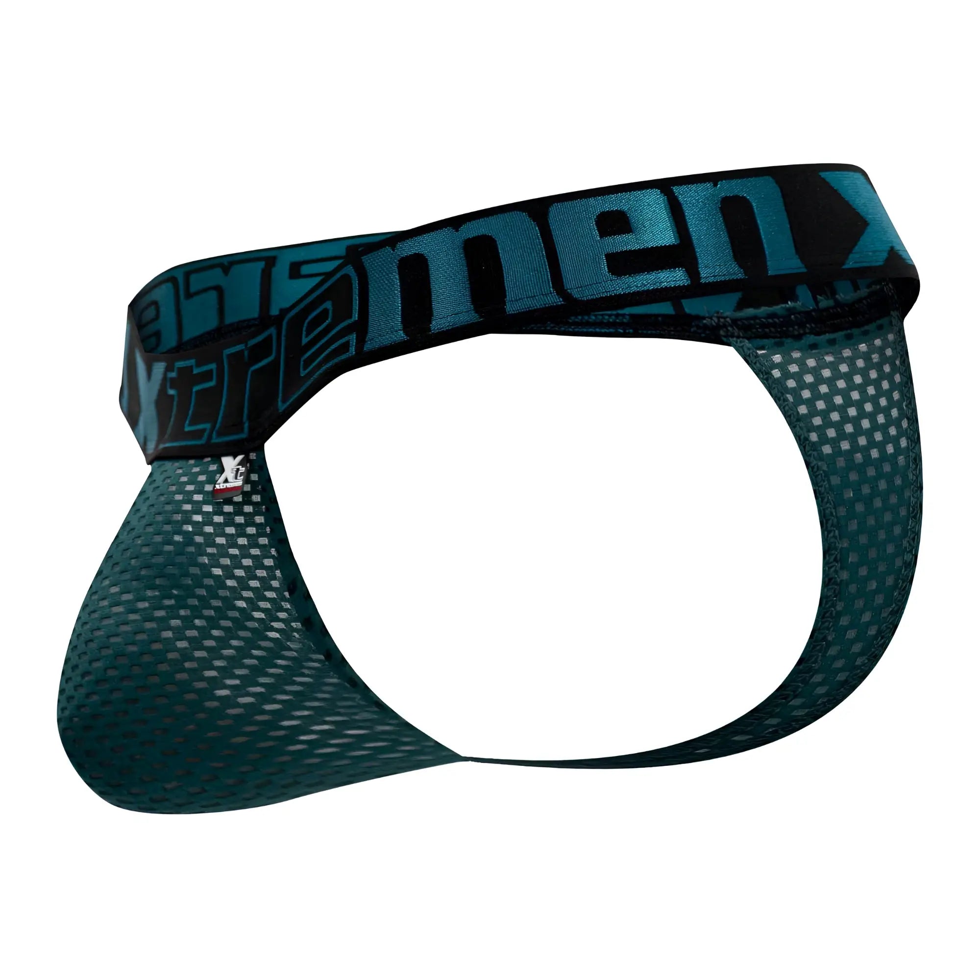 Teal mesh briefs with black waistband featuring xtreme men logo in teal lettering from xtremen 91184 mesh thongs green