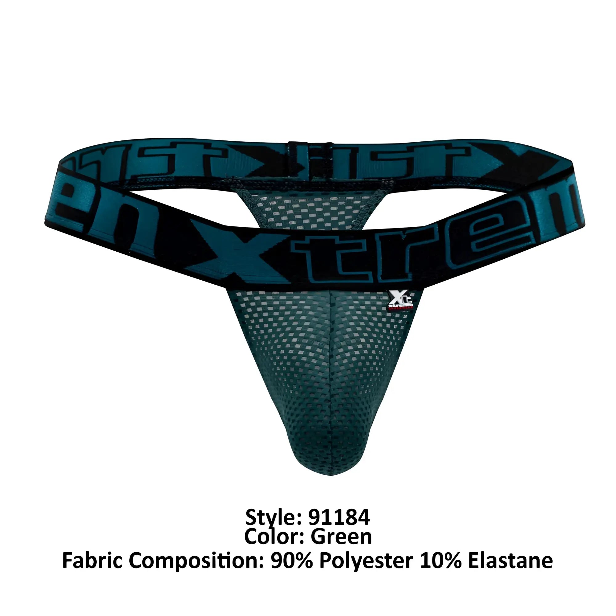 Green mesh thong with black elastic waistband featuring bold teal xtreme logo from Xtremen 91184 mesh thongs collection