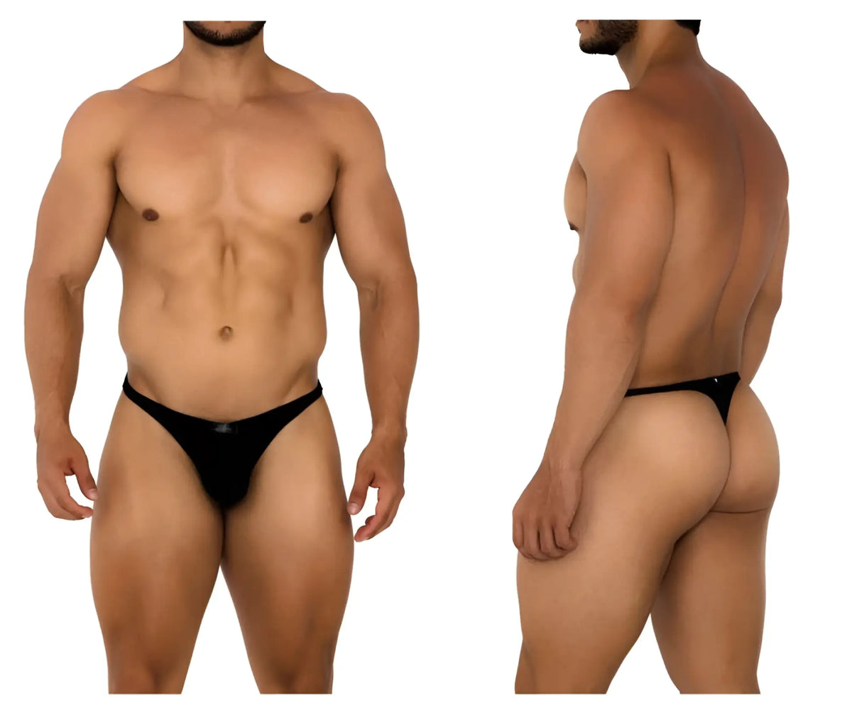 Black Xtremen 91185 mesh thong briefs with a sleek minimalist design showing the back side of the product