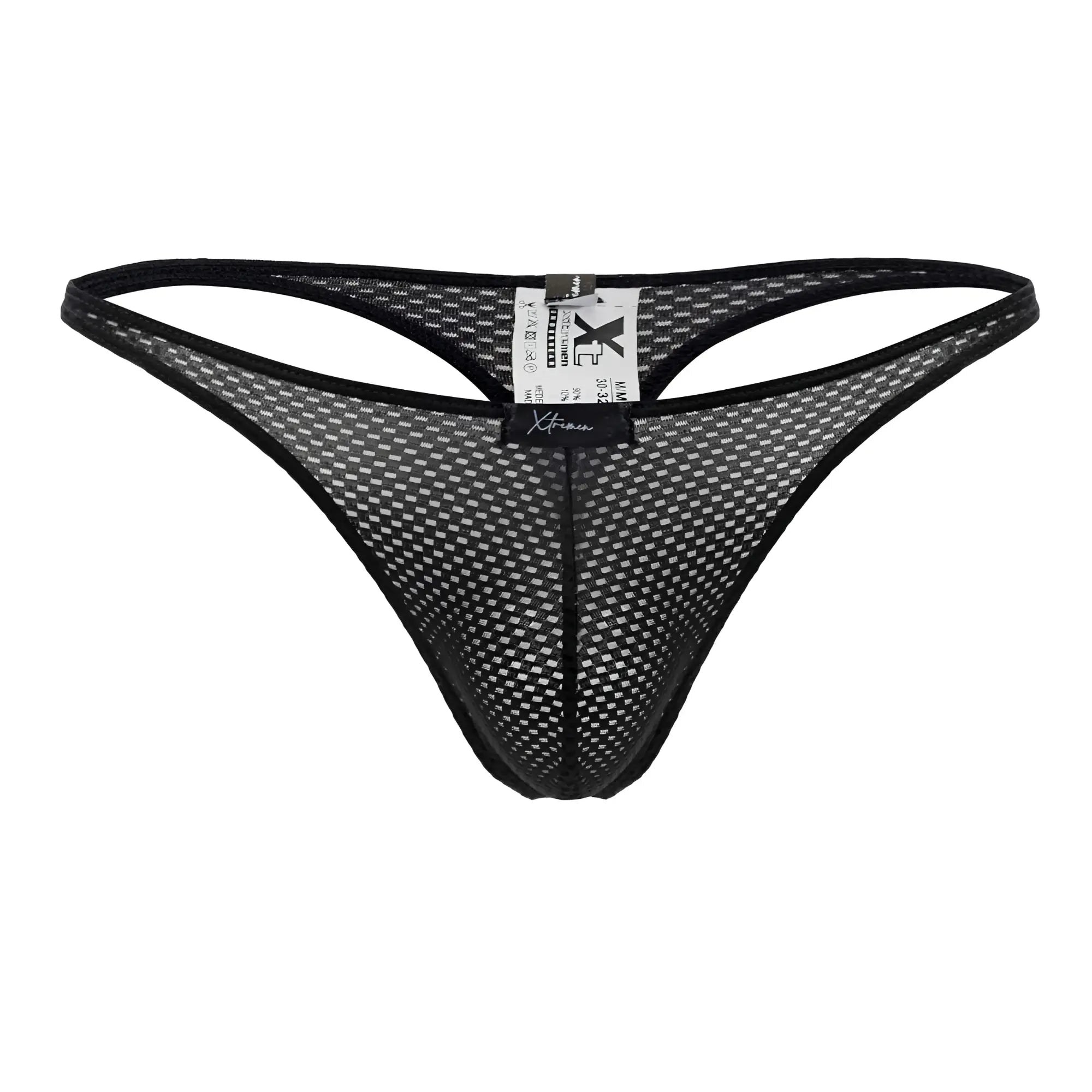 Xtremen 91185 black mesh thong with solid trim and adjustable waistband shown from the back side