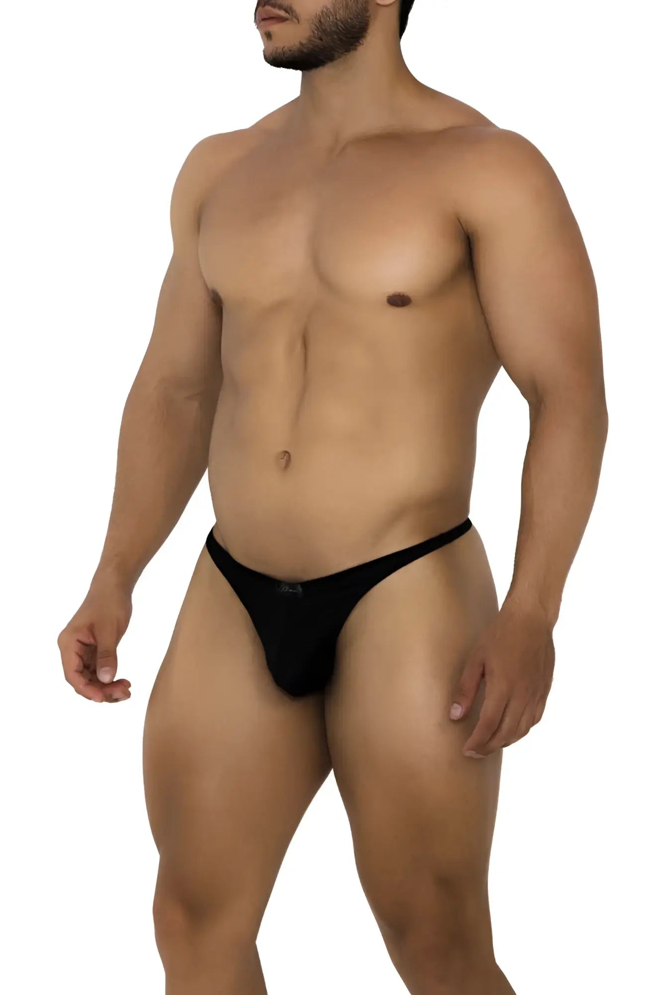 Black xtremen 91185 mesh thong with form-fitting design and subtle logo on waistband shown from back side