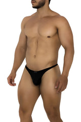 Black xtremen 91185 mesh thong with form-fitting design and subtle logo on waistband shown from back side