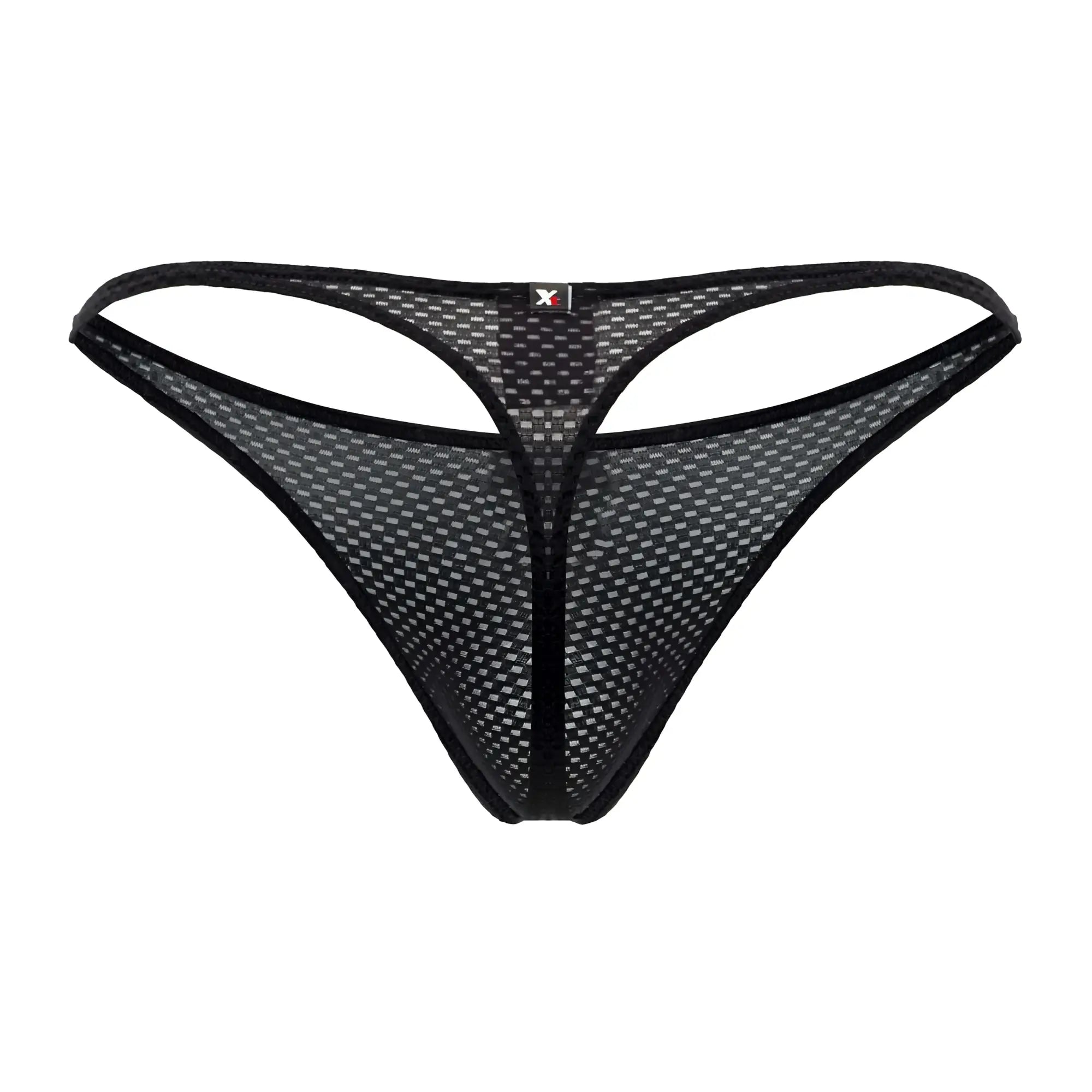 Black Xtremen 91185 mesh thong with subtle grid pattern and reinforced edges showing the back side of the product