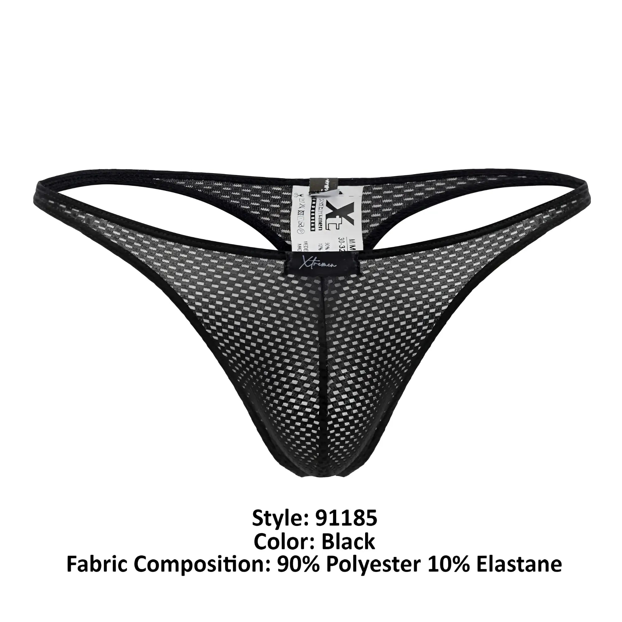 Xtremen 91185 mesh thong in black features a subtle grid pattern with reinforced black trim for comfortable wear