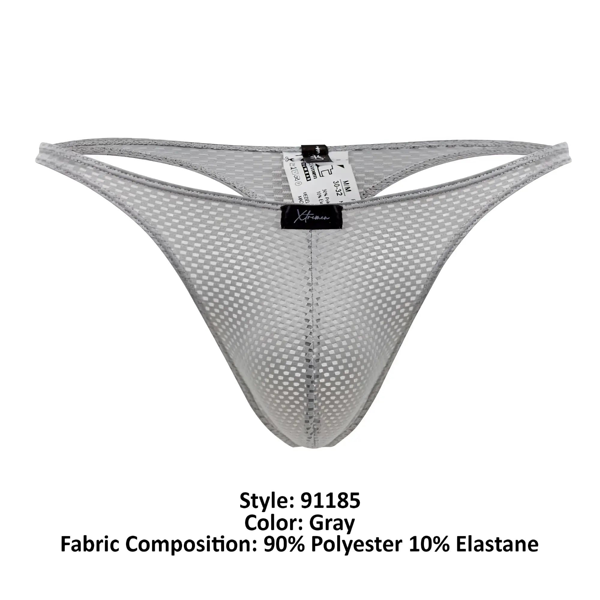 Gray xtremen 91185 mesh thong with subtle grid pattern and elasticized edges in a breathable gray mesh fabric