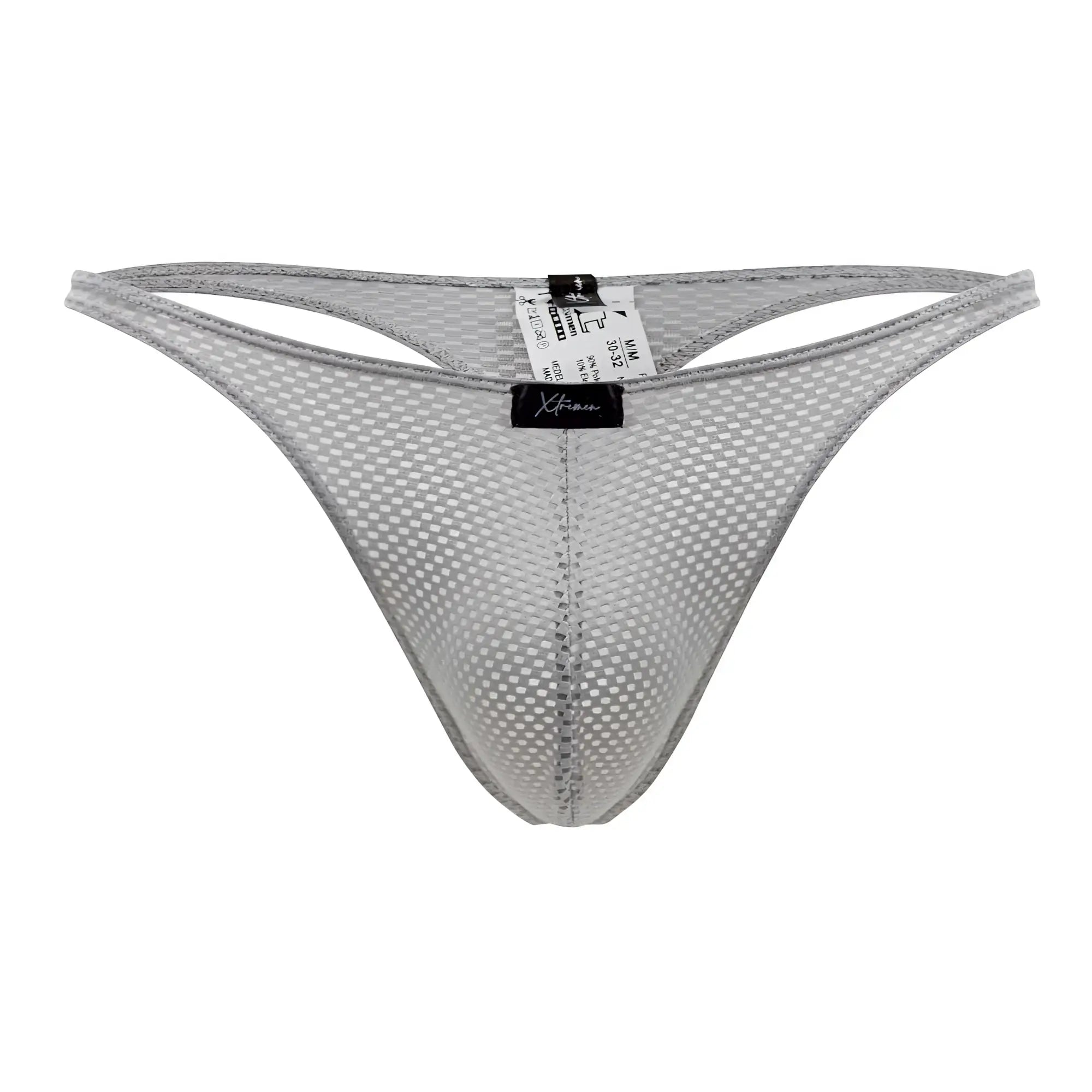 Gray xtremen 91185 mesh thong featuring a subtle grid pattern and reinforced edges in breathable fabric