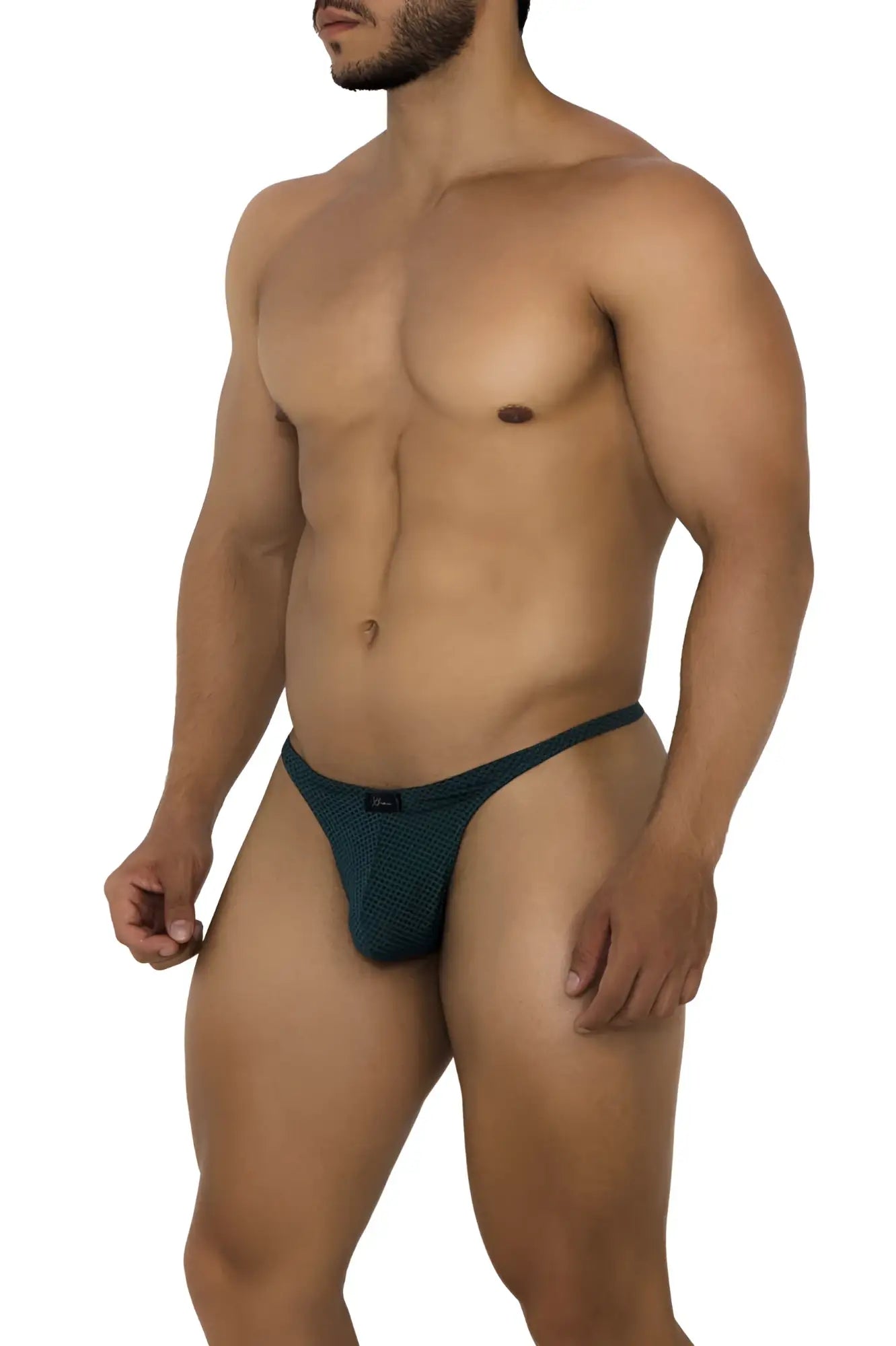 Dark teal textured mesh thong with small black logo at waistband from Xtremen 91185 in green color