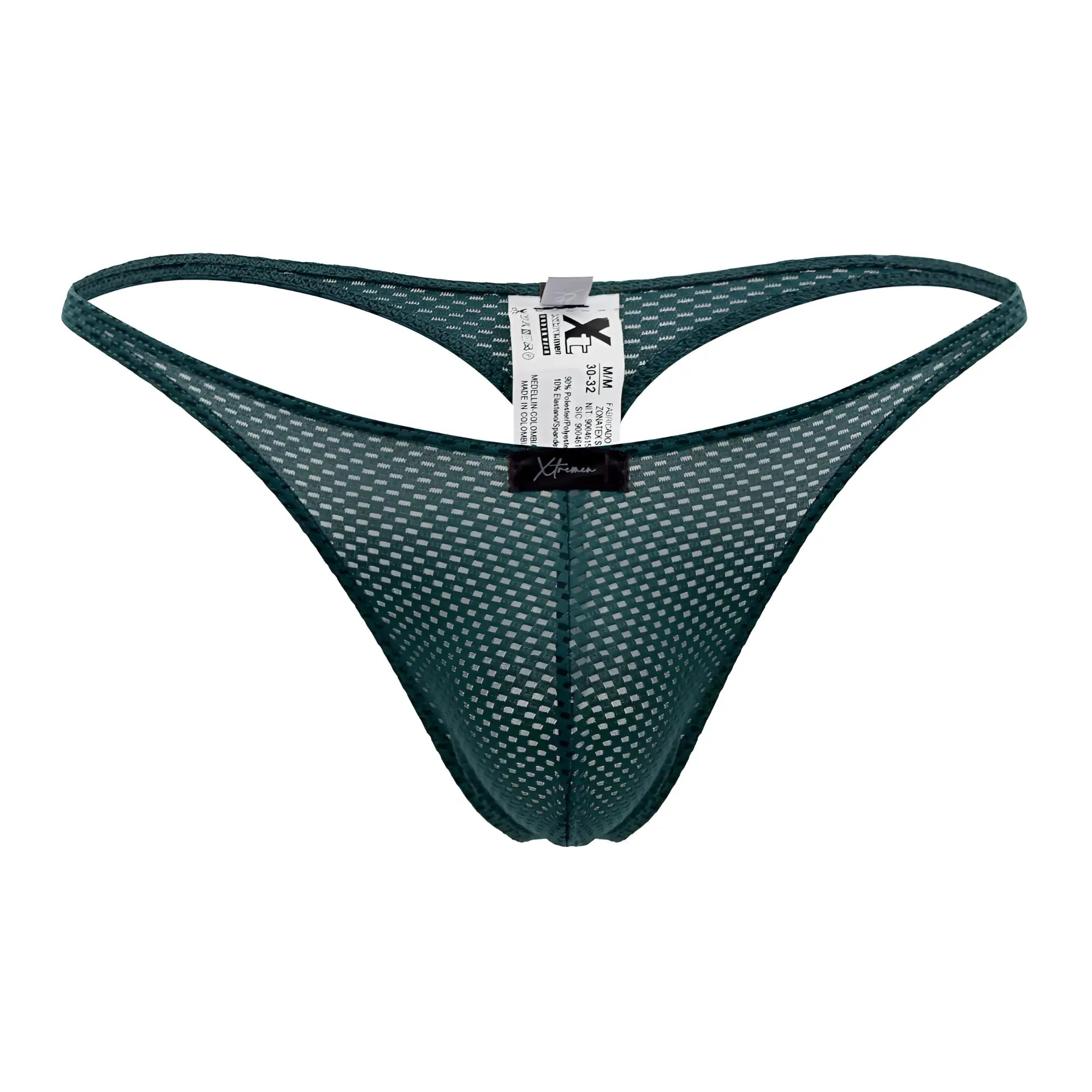 Back view of xtremen 91185 dark green mesh thong featuring a branded tag and breathable fabric design