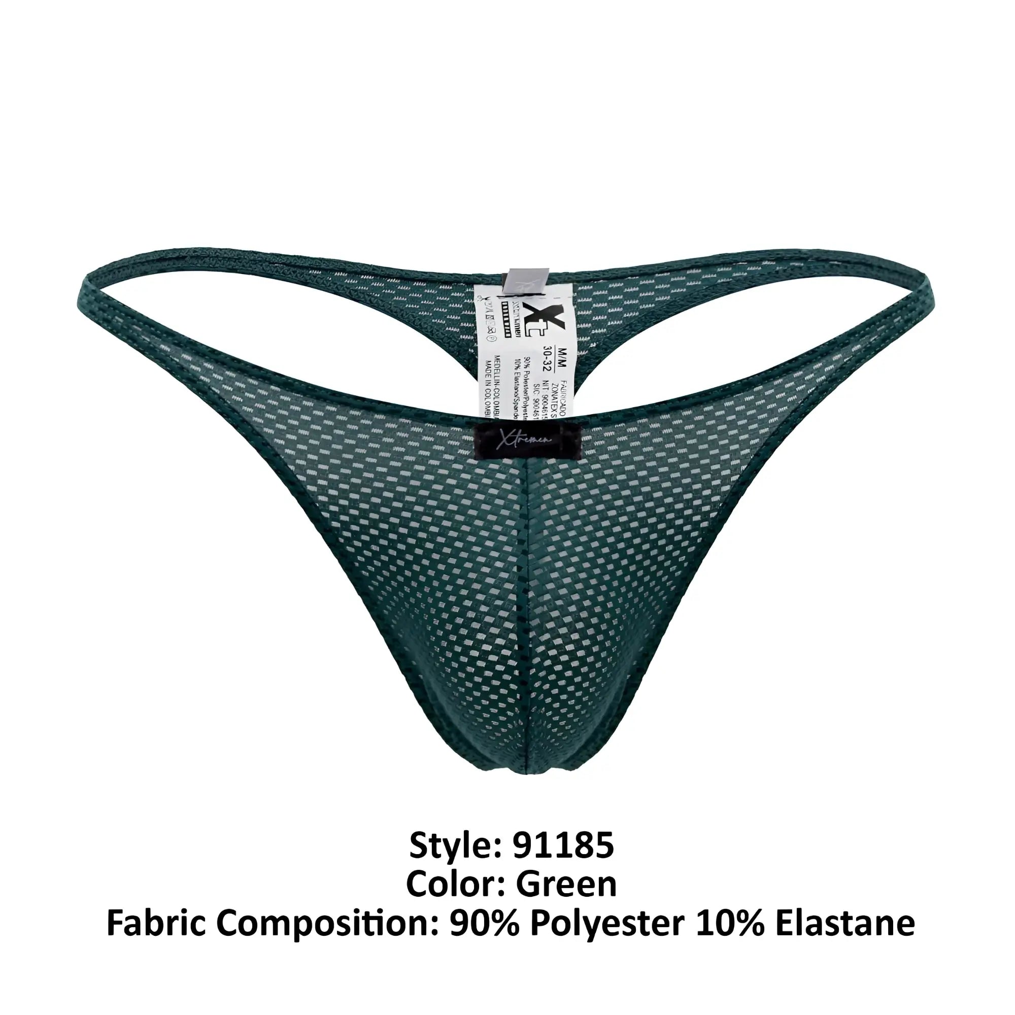 Dark green xtremen 91185 mesh thong showing branded tag and size label on breathable fabric material