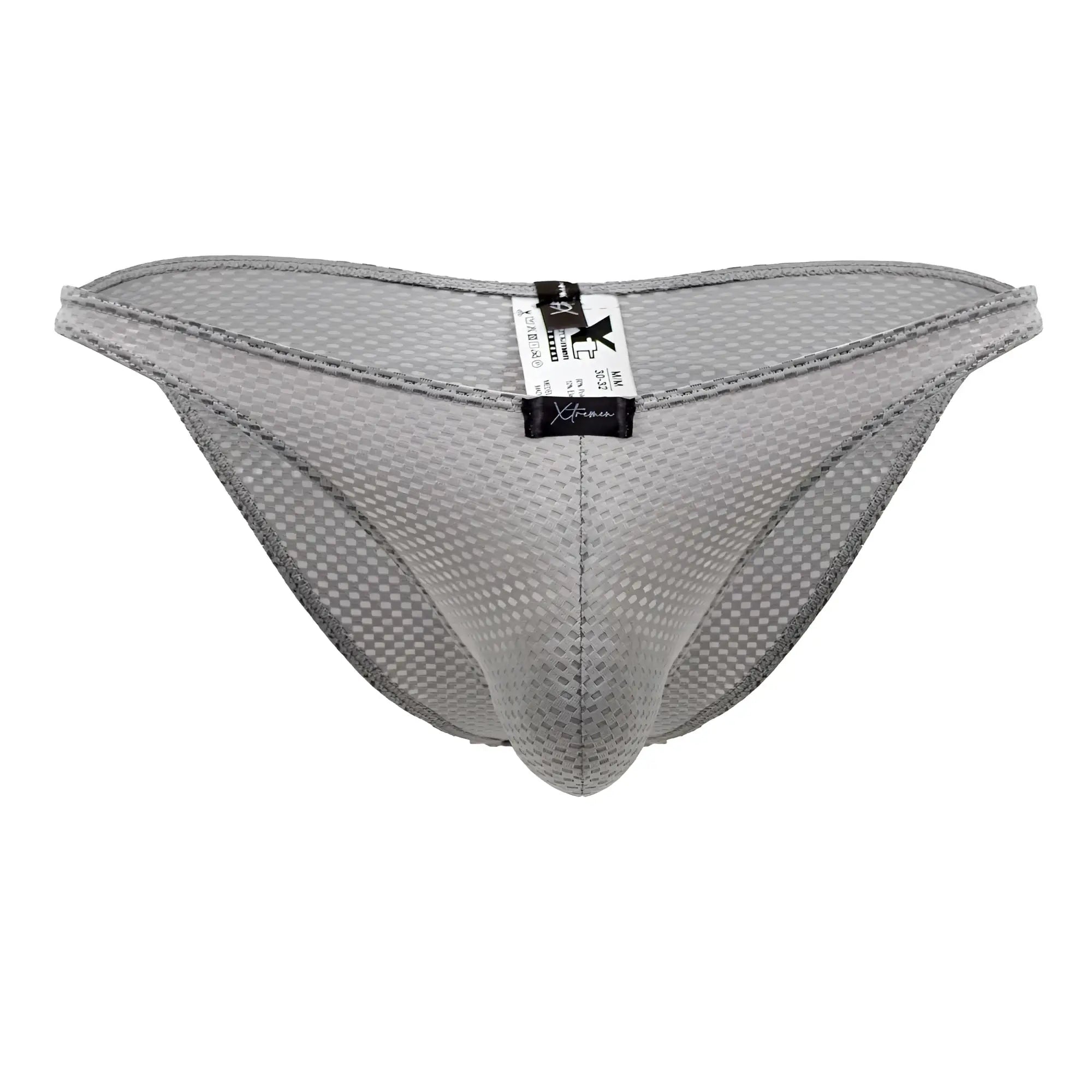 Xtremen 91186 mesh bikini briefs in gray featuring a subtle checkered pattern and reinforced edge stitching