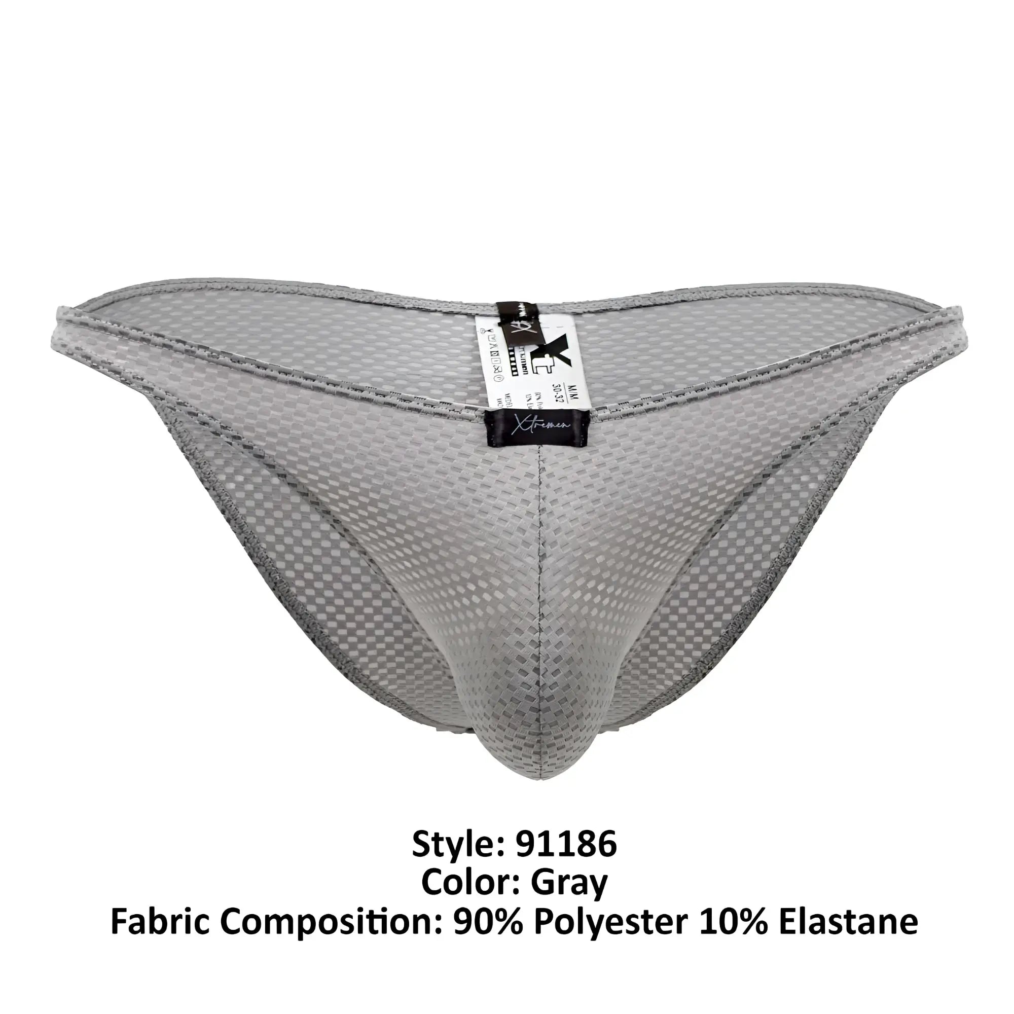 Xtremen 91186 mesh bikini briefs in gray with a subtle checkered pattern and reinforced stitching along edges