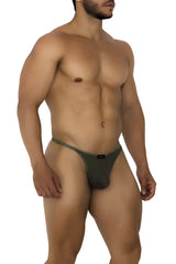Dark olive green xtremen 91189 tulle mesh thongs with subtle textured trim athletic cut briefs front view
