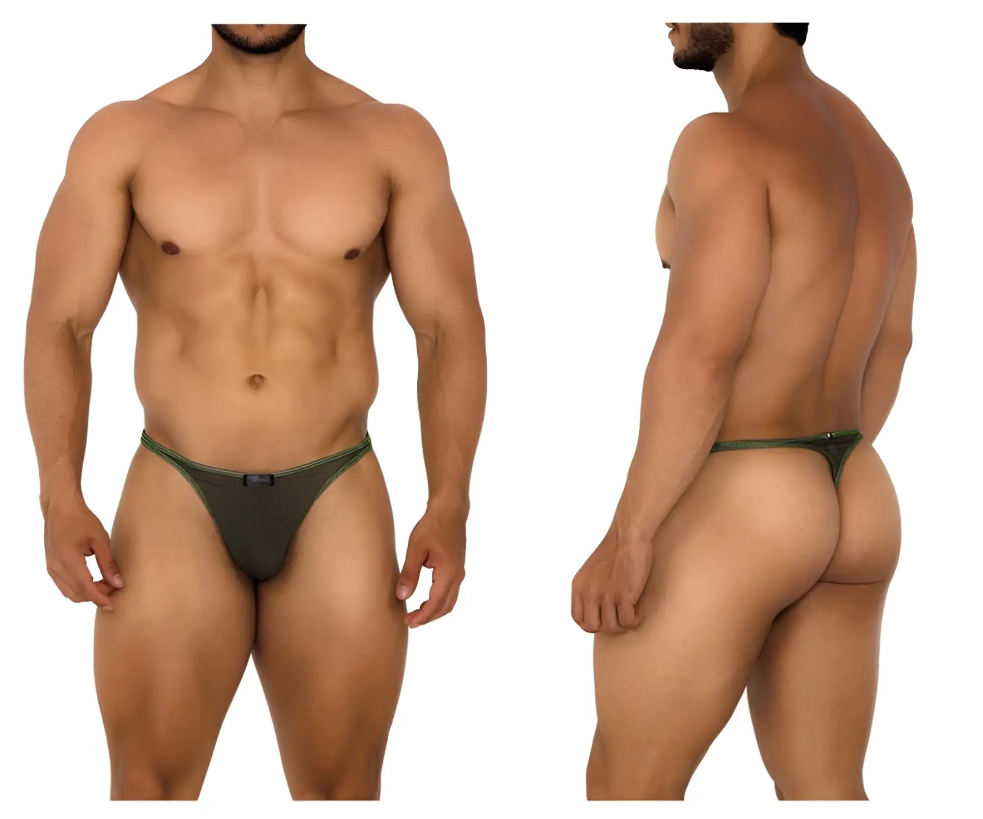 Dark green xtremen 91189 tulle mesh thong with subtle contrasting trim shown from the back side