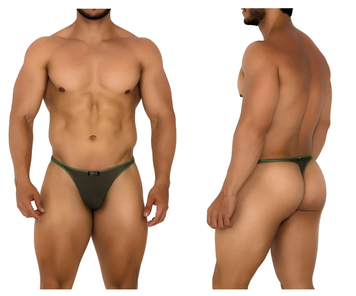 Dark green xtremen 91189 tulle mesh thong with subtle contrasting trim shown from the back side