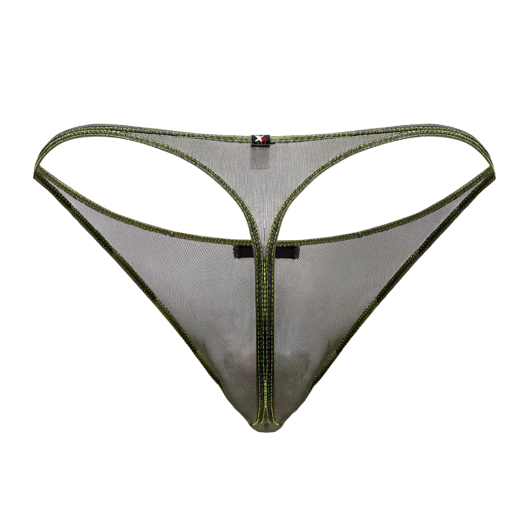 Xtremen 91189 tulle mesh thong in olive green with mesh fabric matching stitching and black label visible