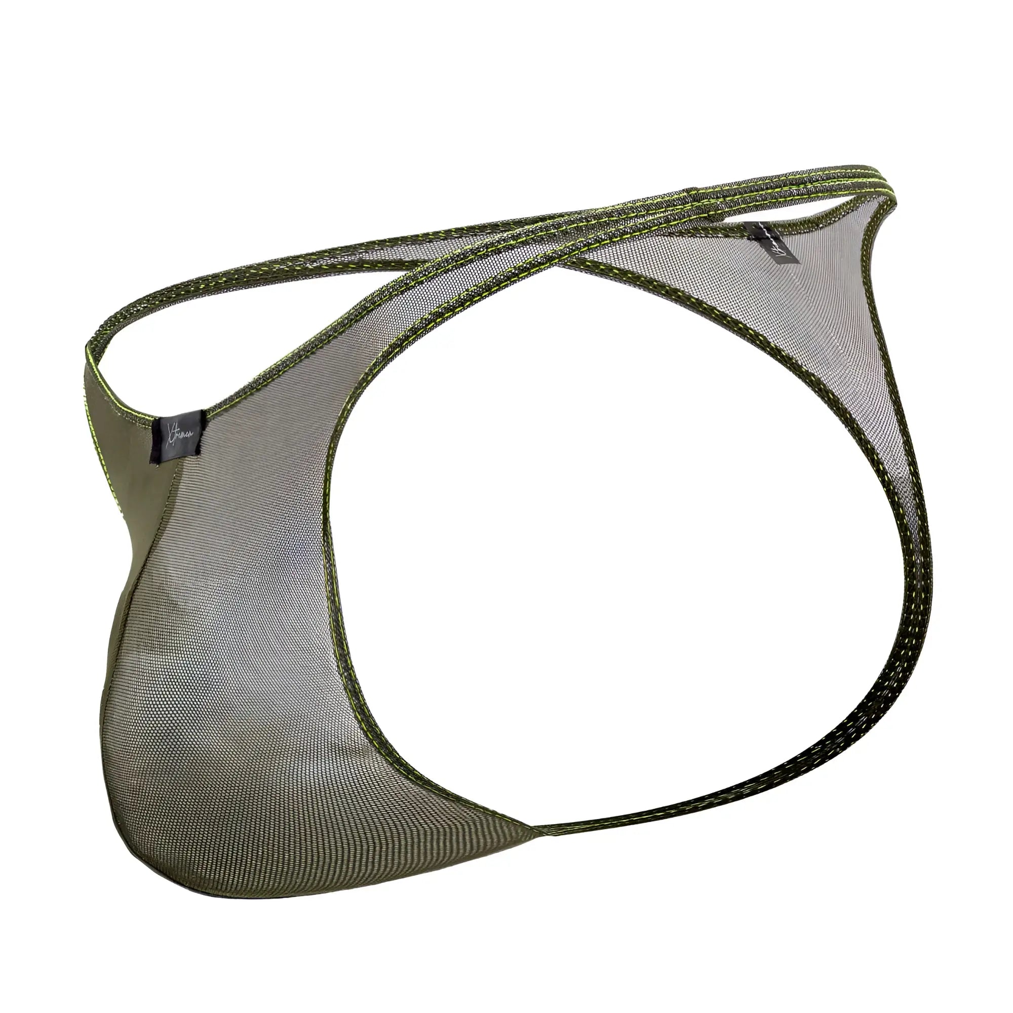 Olive green xtremen 91189 tulle mesh thong with reinforced stitching and small brand tag visible on front side