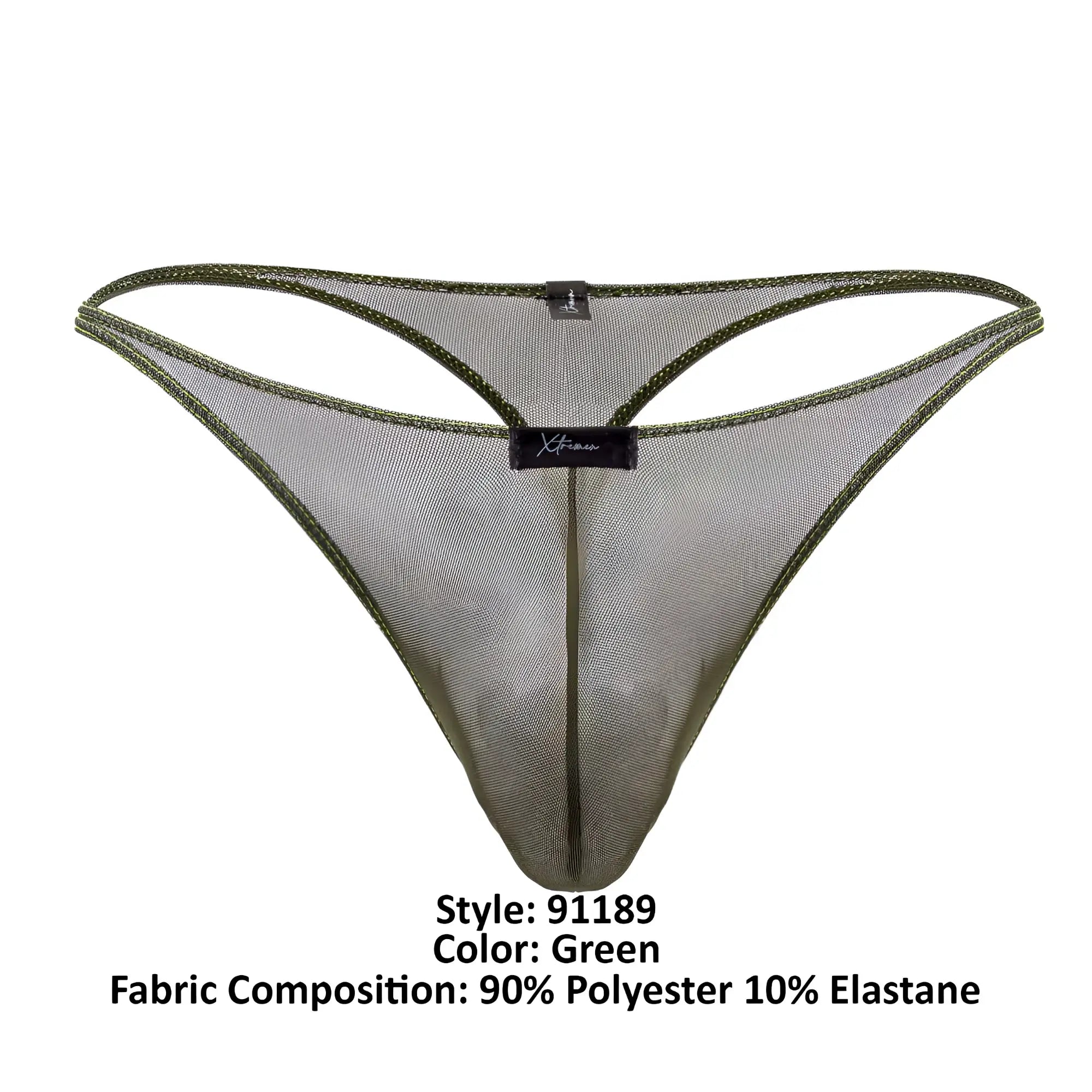 Green tulle mesh thong with subtle sheen reinforced edges and xtreme brand label at center from xtremen 91189 collection