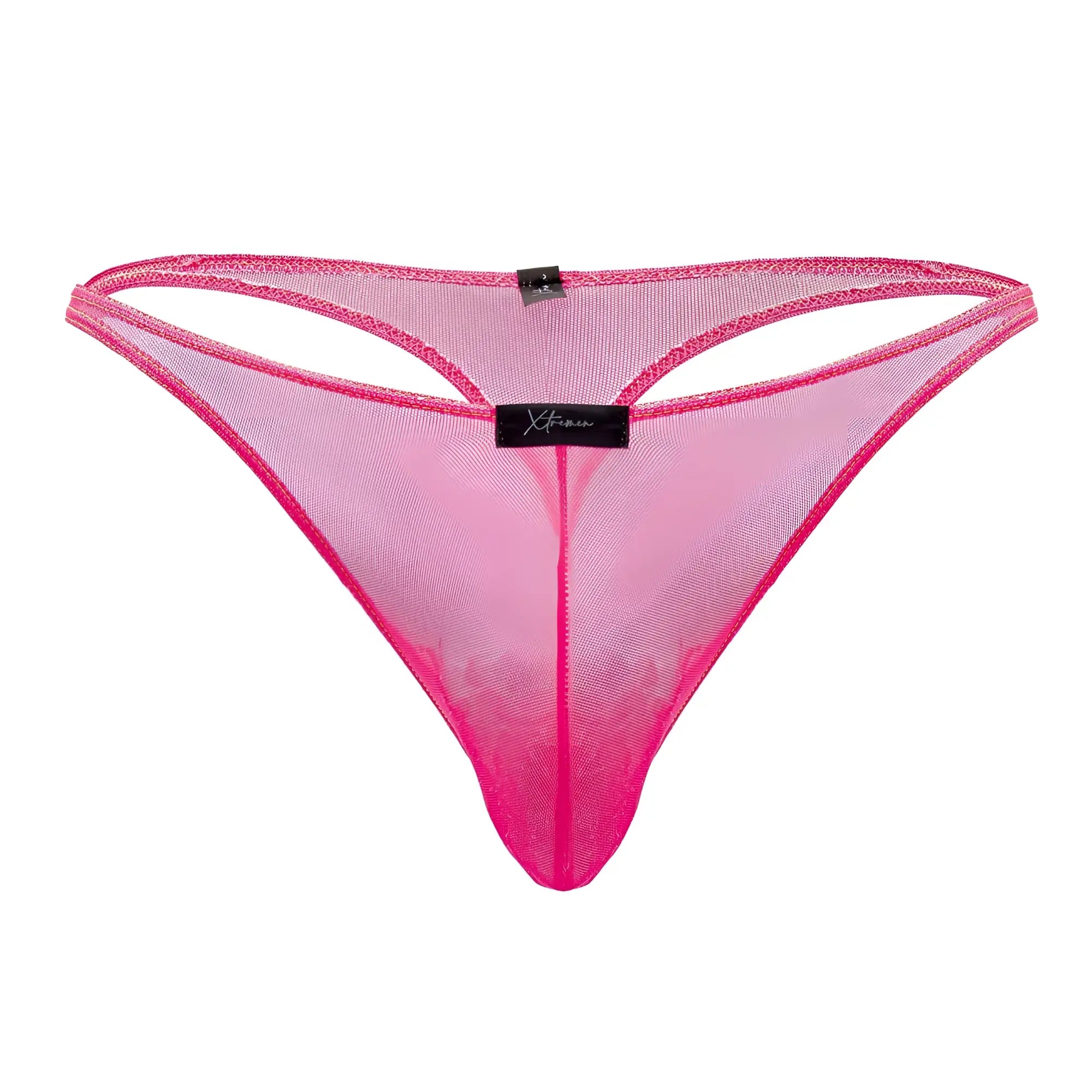 Bright pink Xtremen 91189 tulle mesh thong with a black brand tag at the center front