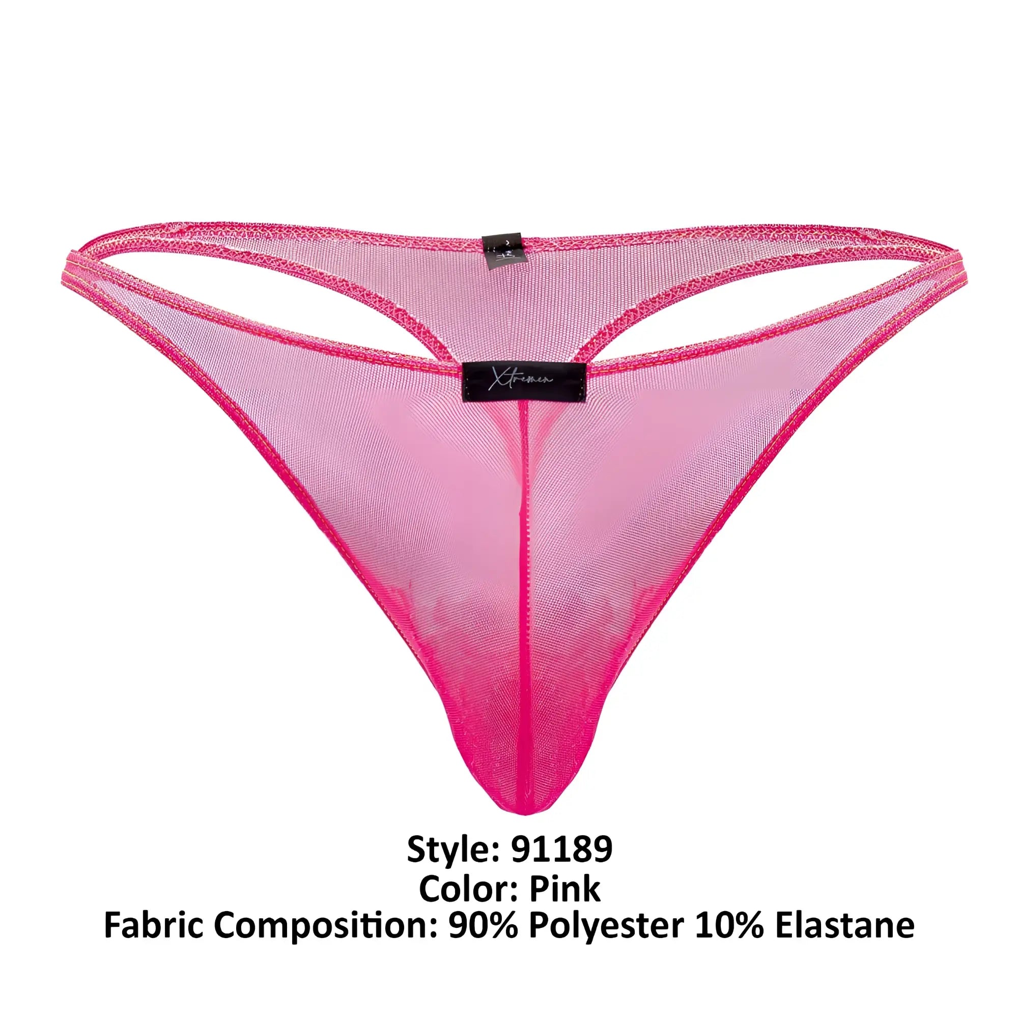 Pink xtremen 91189 tulle mesh thong with sheer translucent fabric and bold fuchsia trim front side view