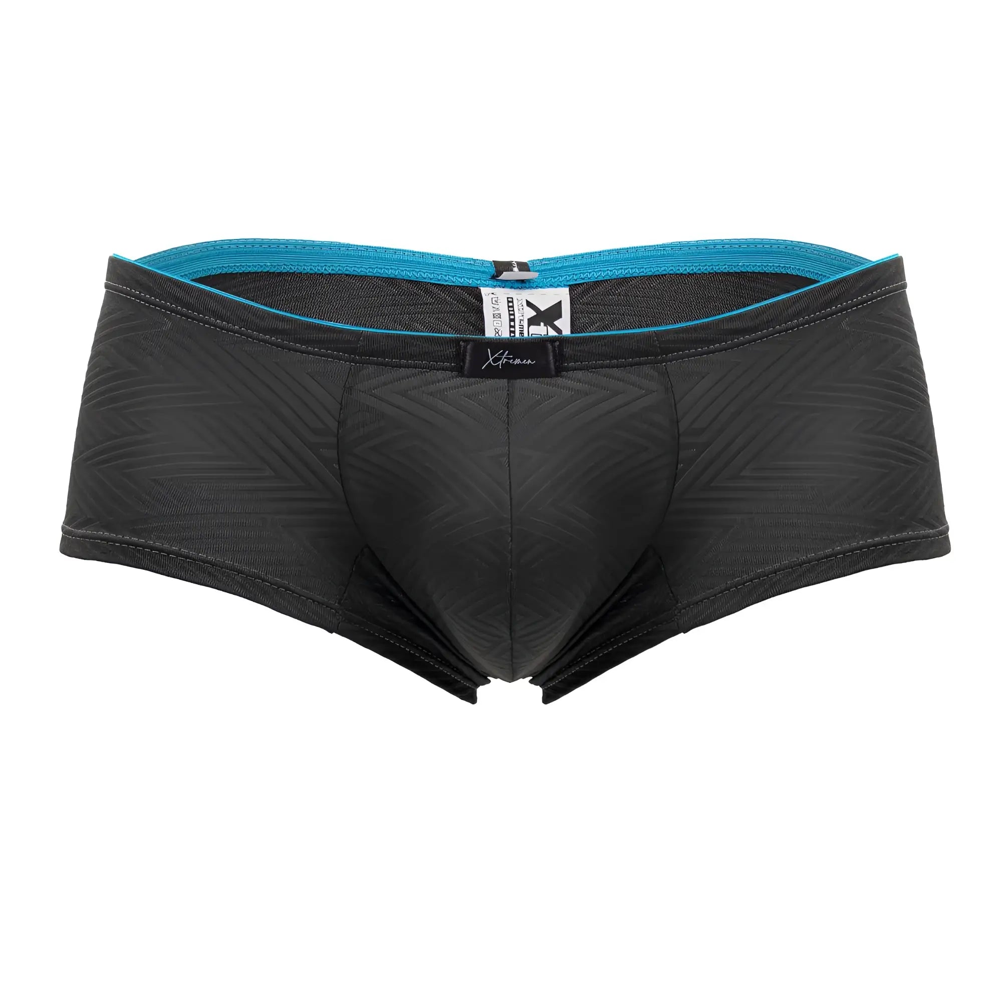 Black men’s xtremen 91190 jacquard trunks in gray with subtle texture and teal trim on the waistband