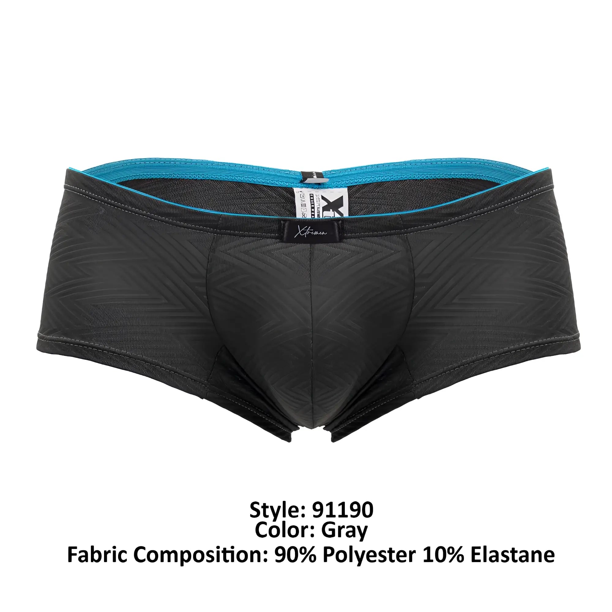 Xtremen 91190 jacquard trunks gray men’s briefs with subtle textured pattern and contrasting teal elastic waistband