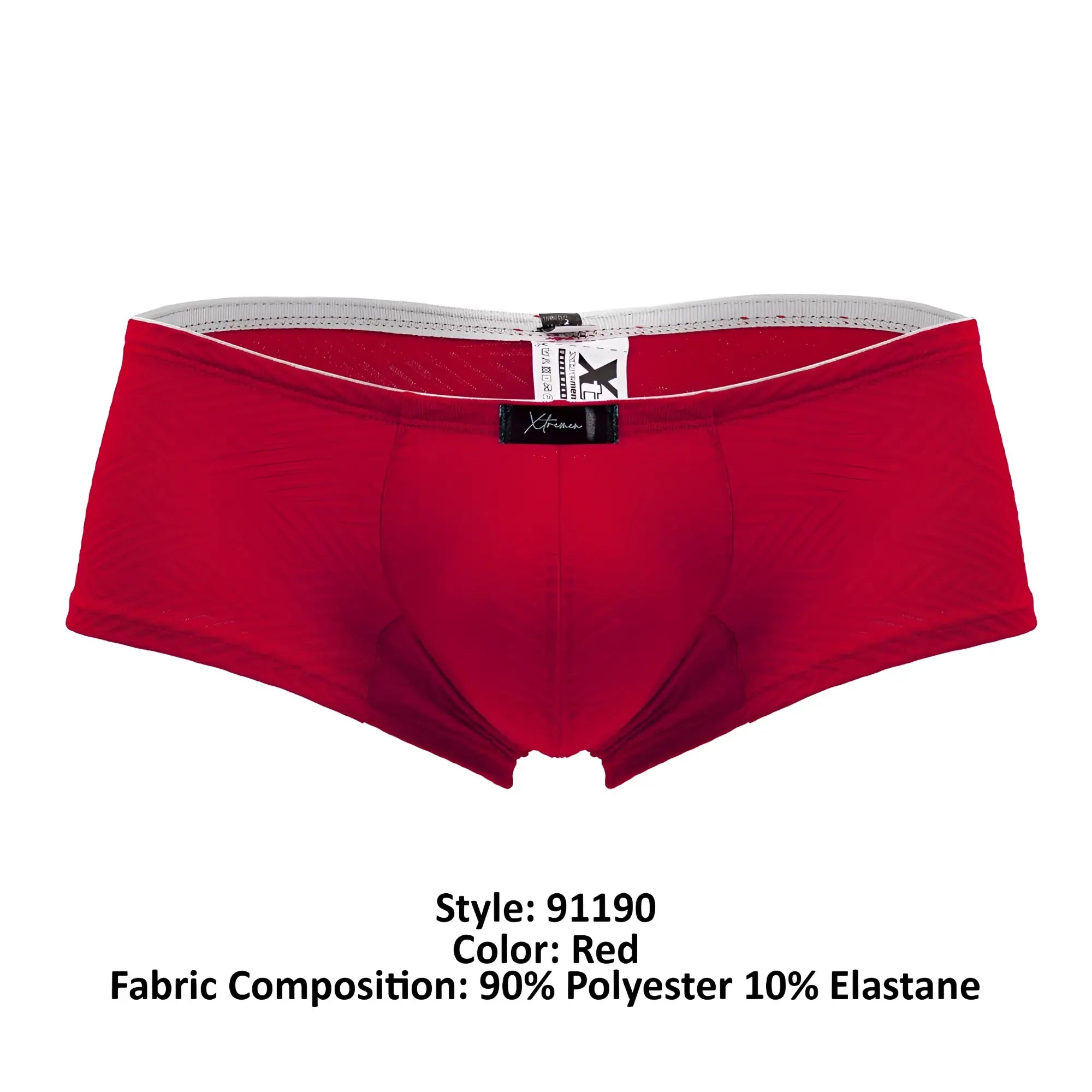 Red Xtremen 91190 jacquard trunks with gray waistband and black brand tag men’s briefs in jacquard fabric