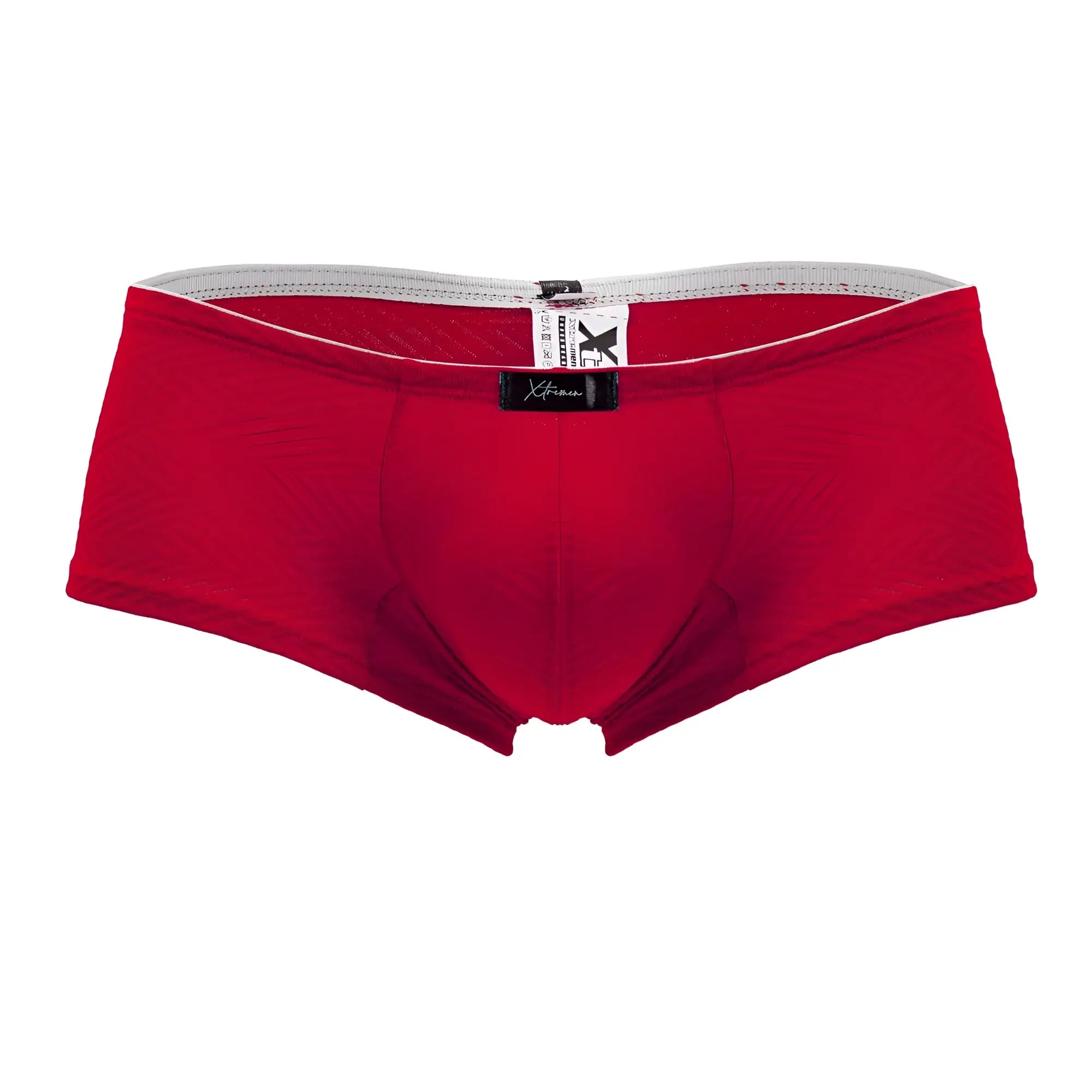 Red xtreme jacquard trunks in red with gray waistband and black label designed for comfort and support