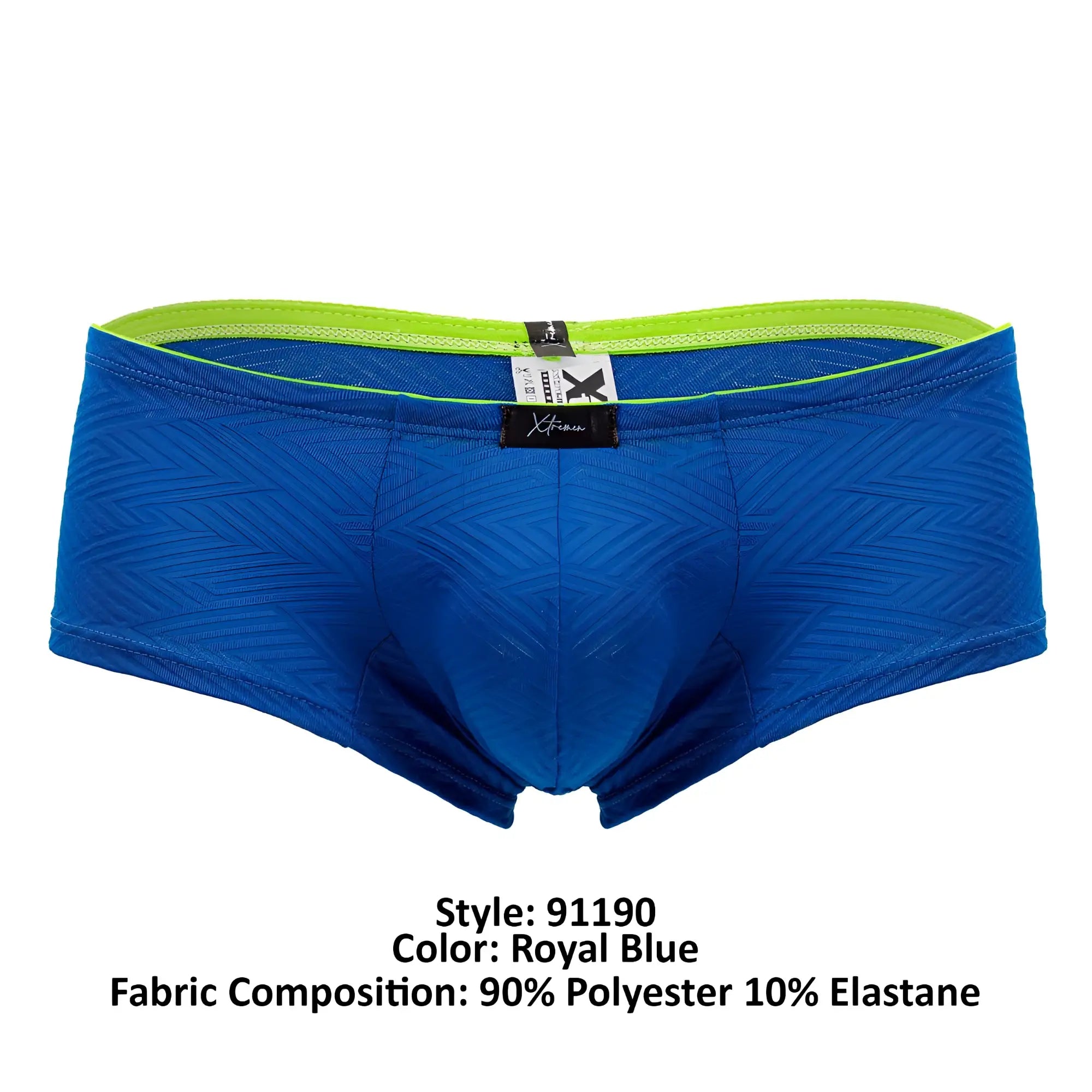 Royal blue xtremen 91190 jacquard trunks with lime green waistband textured pattern and x-fit brand label men’s briefs