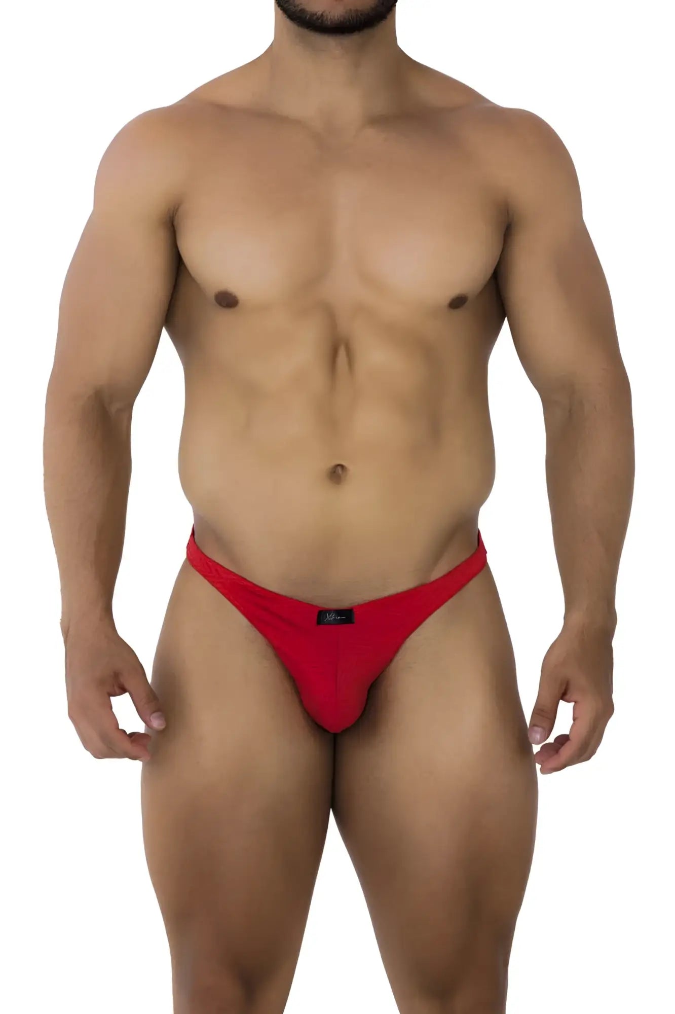Red Xtremen 91192 jacquard bikini thong made of stretchy fabric with a black brand tag at the waistband back side