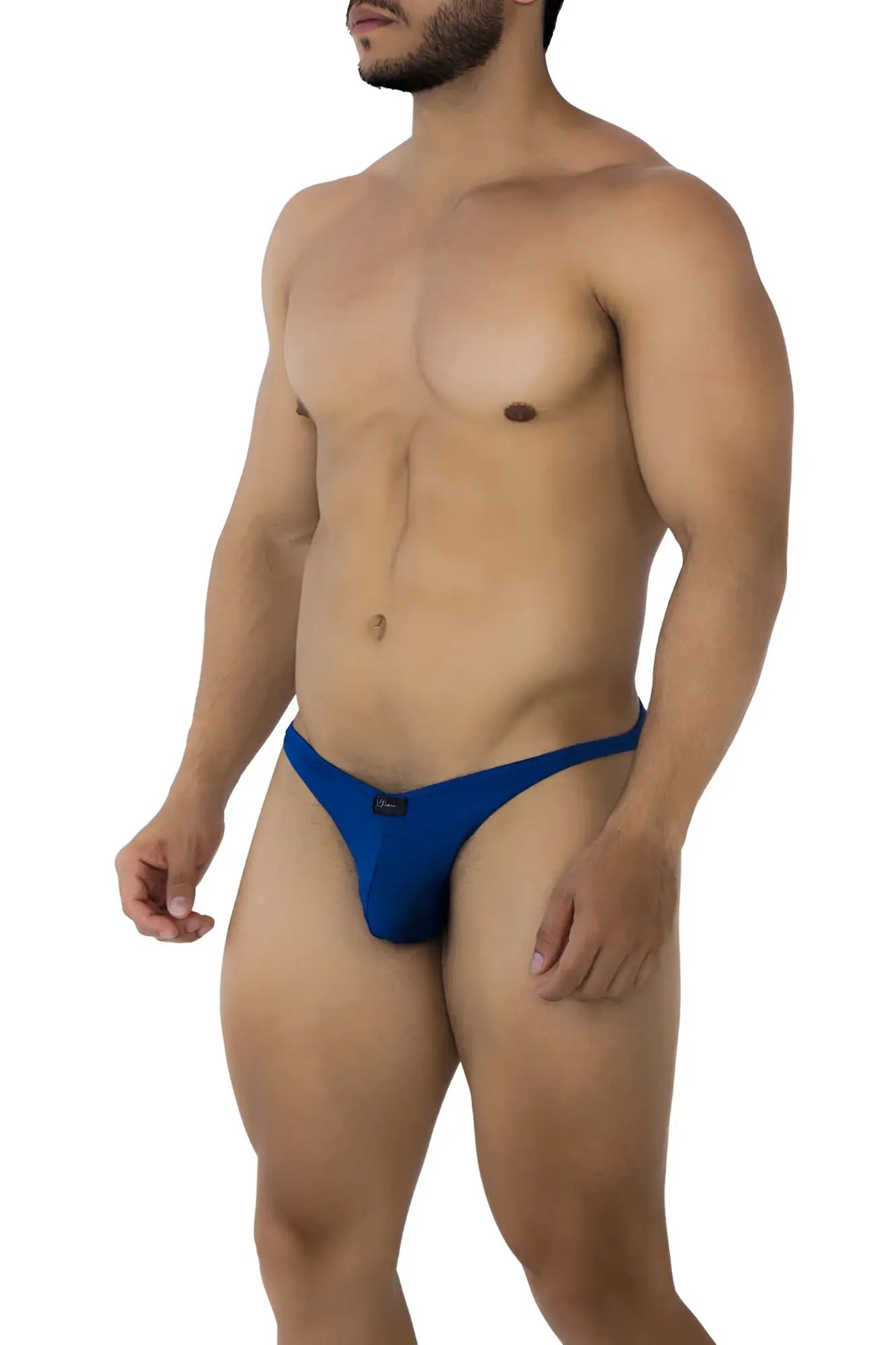 Xtremen 91192 jacquard bikini royal blue men’s thong with sleek form-fitting design and small black logo on the front