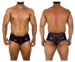 Black xtremen 91193 printed swim trunks with vibrant halloween pumpkin design and orange and blue accents