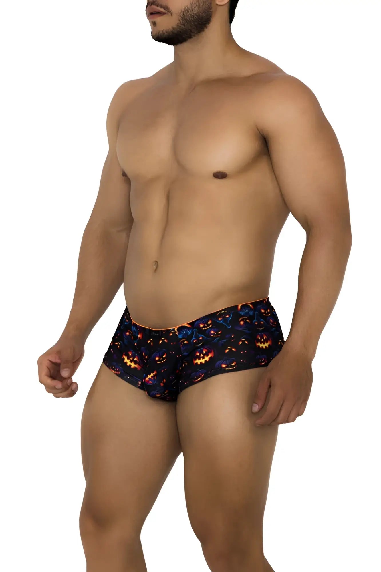 Black xtremen 91193 printed swim trunks with vibrant orange and blue glowing pumpkin pattern for halloween fun
