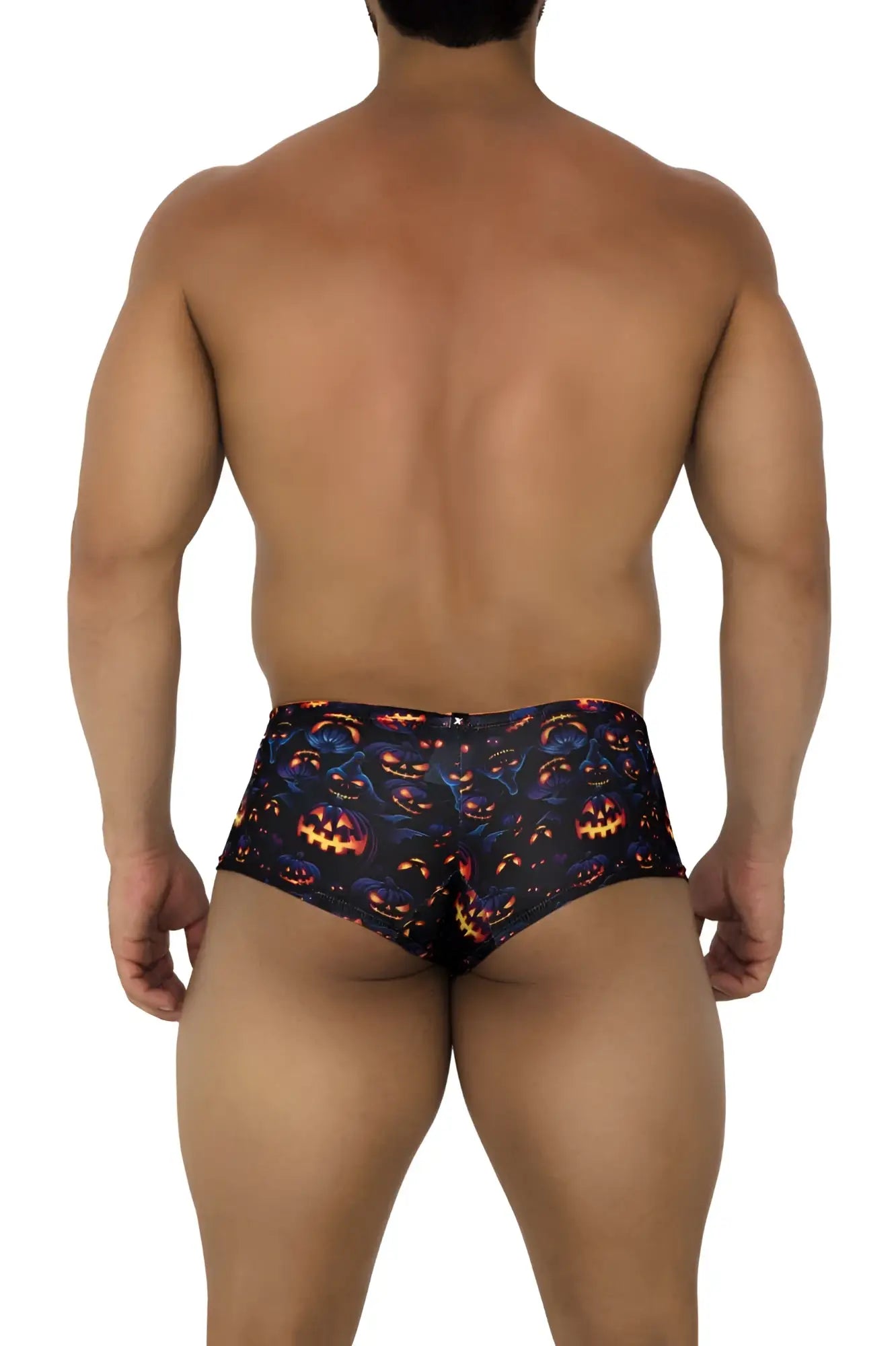 Black briefs xtremen 91193 printed trunks with glowing orange and yellow pumpkin pattern on dark fabric