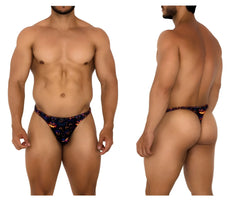 Black thong xtremen 91194 with halloween pumpkin and purple star print in pumpkin color pattern