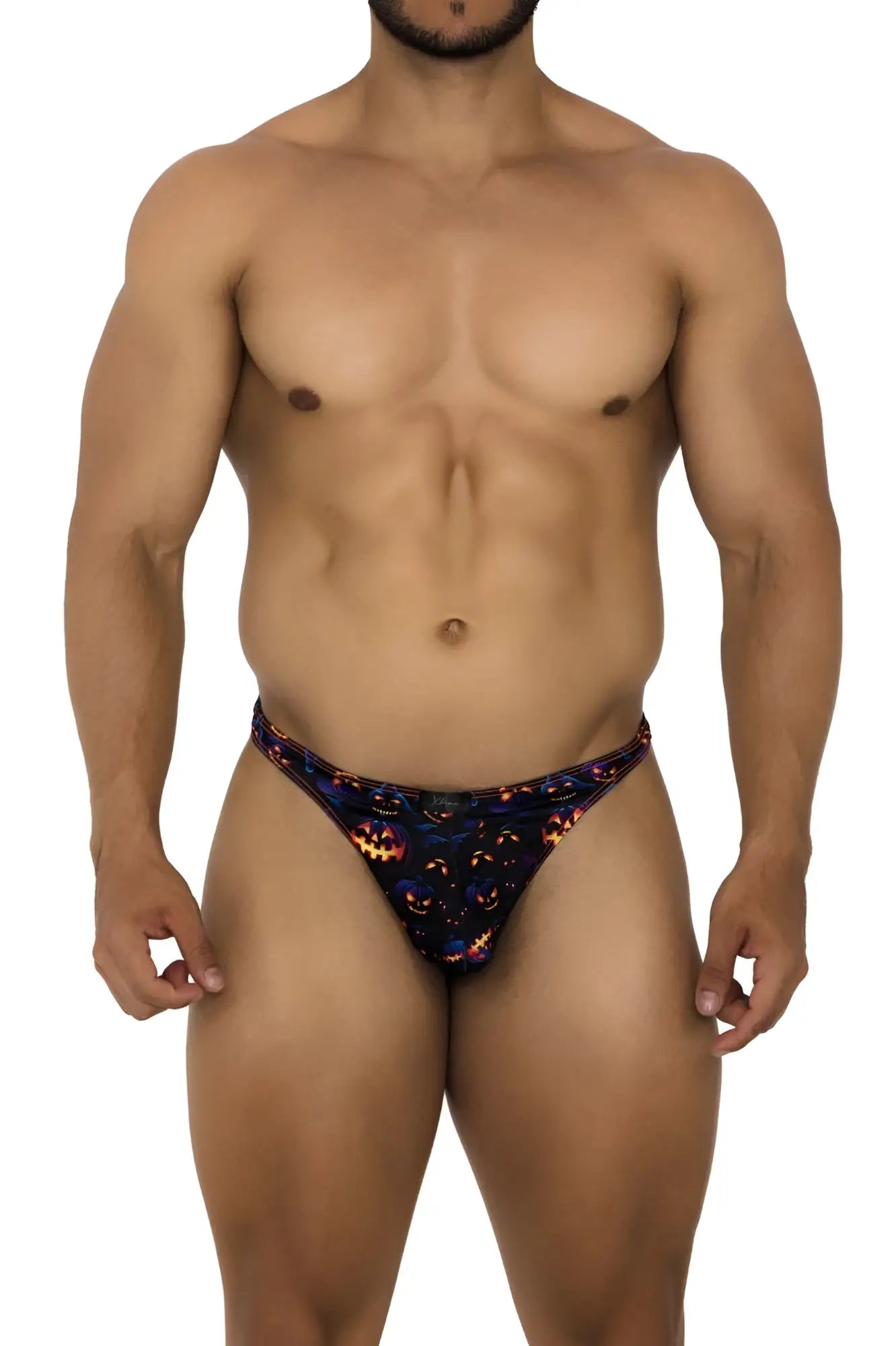 Black thong with vibrant orange and yellow pumpkin print from Xtremen 91194 printed thongs color pumpkins collection